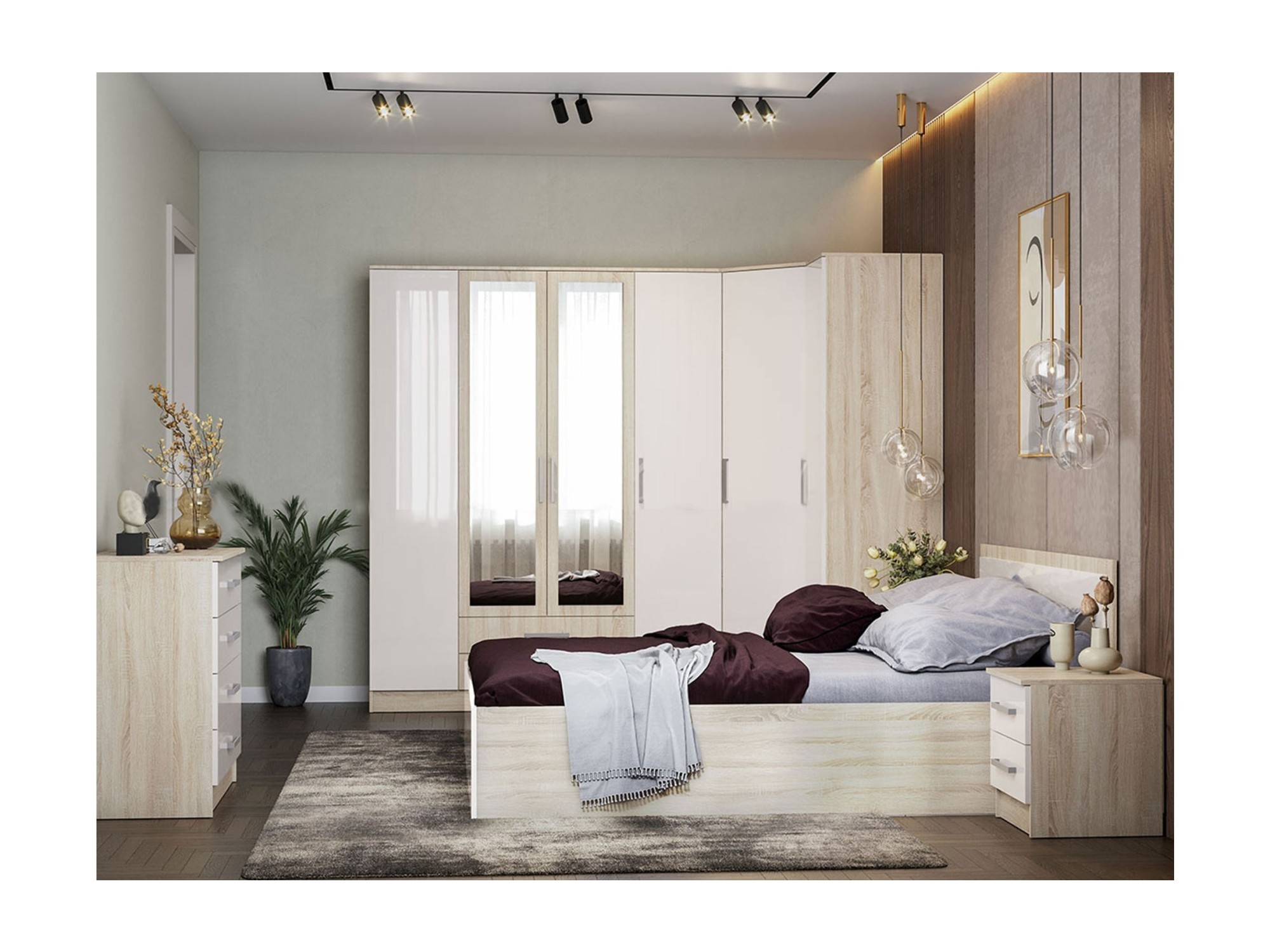 Модульная спальня Мартина, композиция 1 (Белый глянец, Дуб Сонома) Бежевый, ЛДСП модульная спальня фортуна сонома белый глянец сонома мдф лдсп