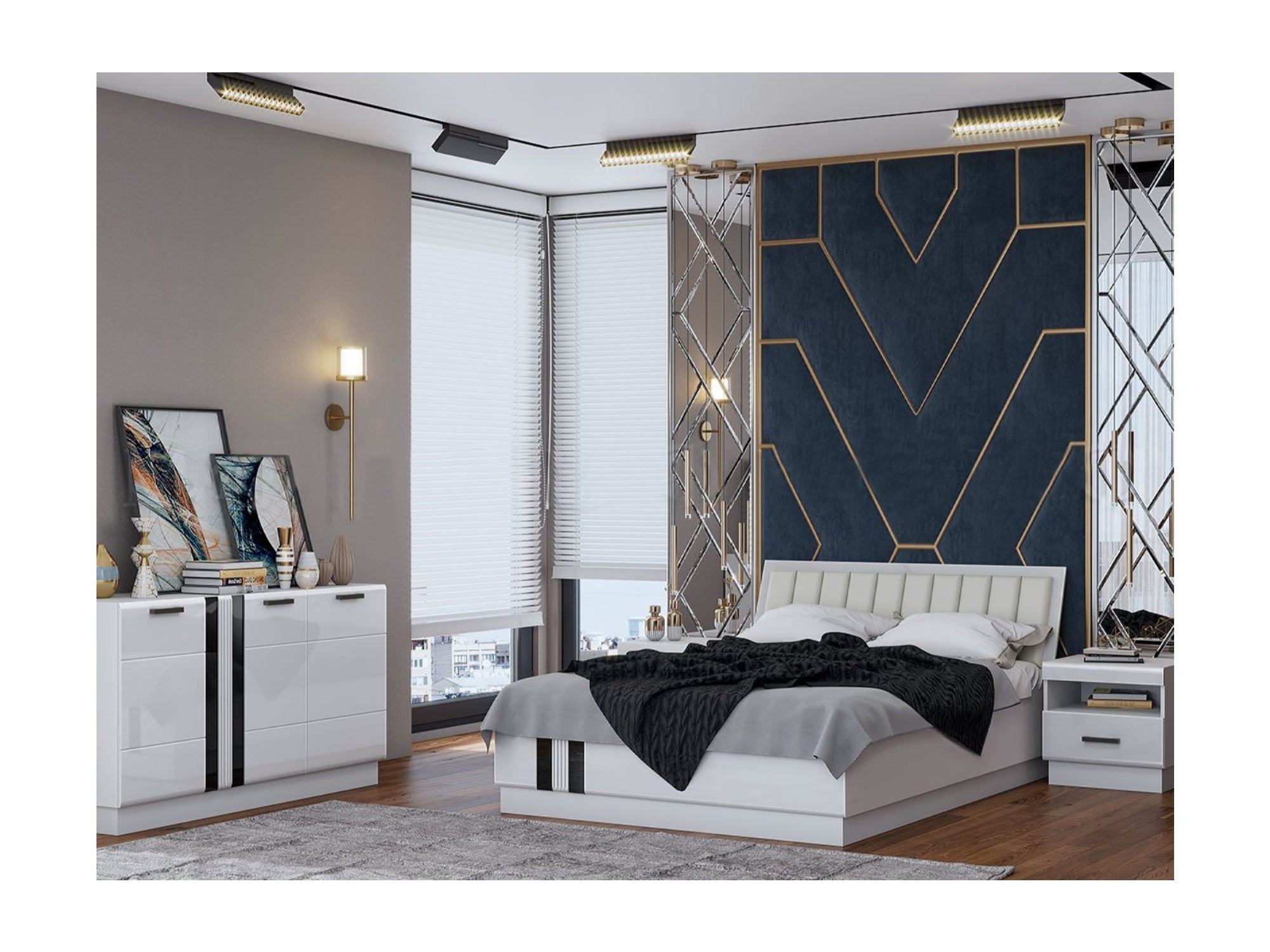 Модульная спальня Магнолия (Белый глянец / Черный глянец) Черный, МДФ, ЛДСП магнолия шкаф со стеклом низкий белый глянец лдсп