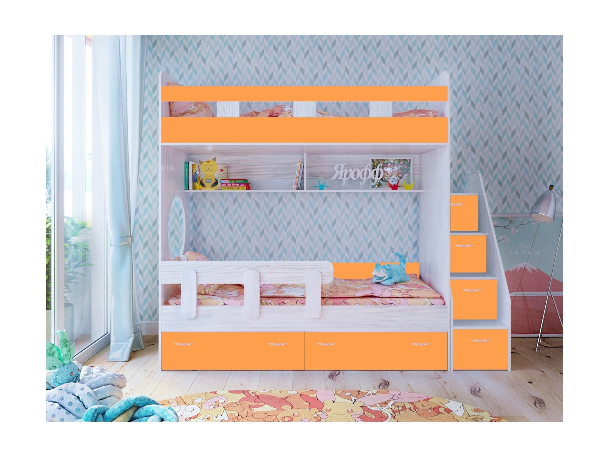 Двухъярусная кровать Юниор 1 + бортик Юниор (Винтерберг, Оранжевый) Оранжевый, ЛДСП цена и фото