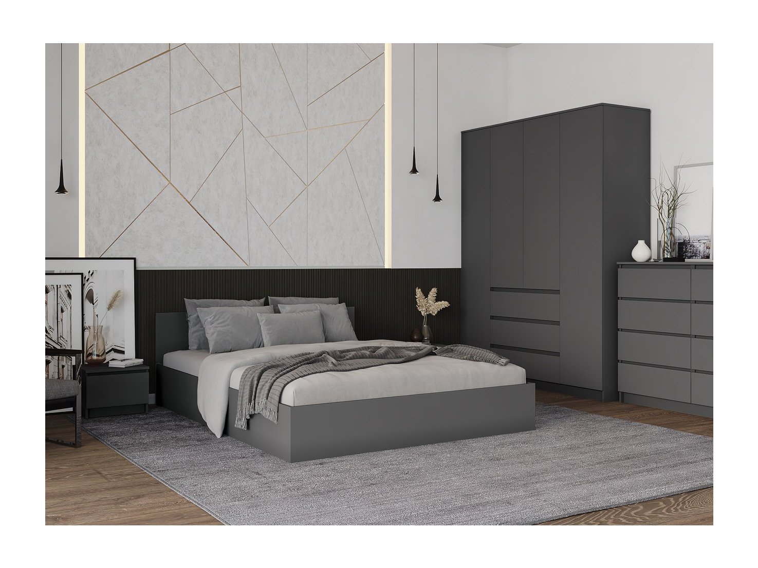 Модульная спальня Мори, композиция 5 (графит) Черный, ЛДСП модульная спальня челси комплектация 1 графит графит черный лдсп