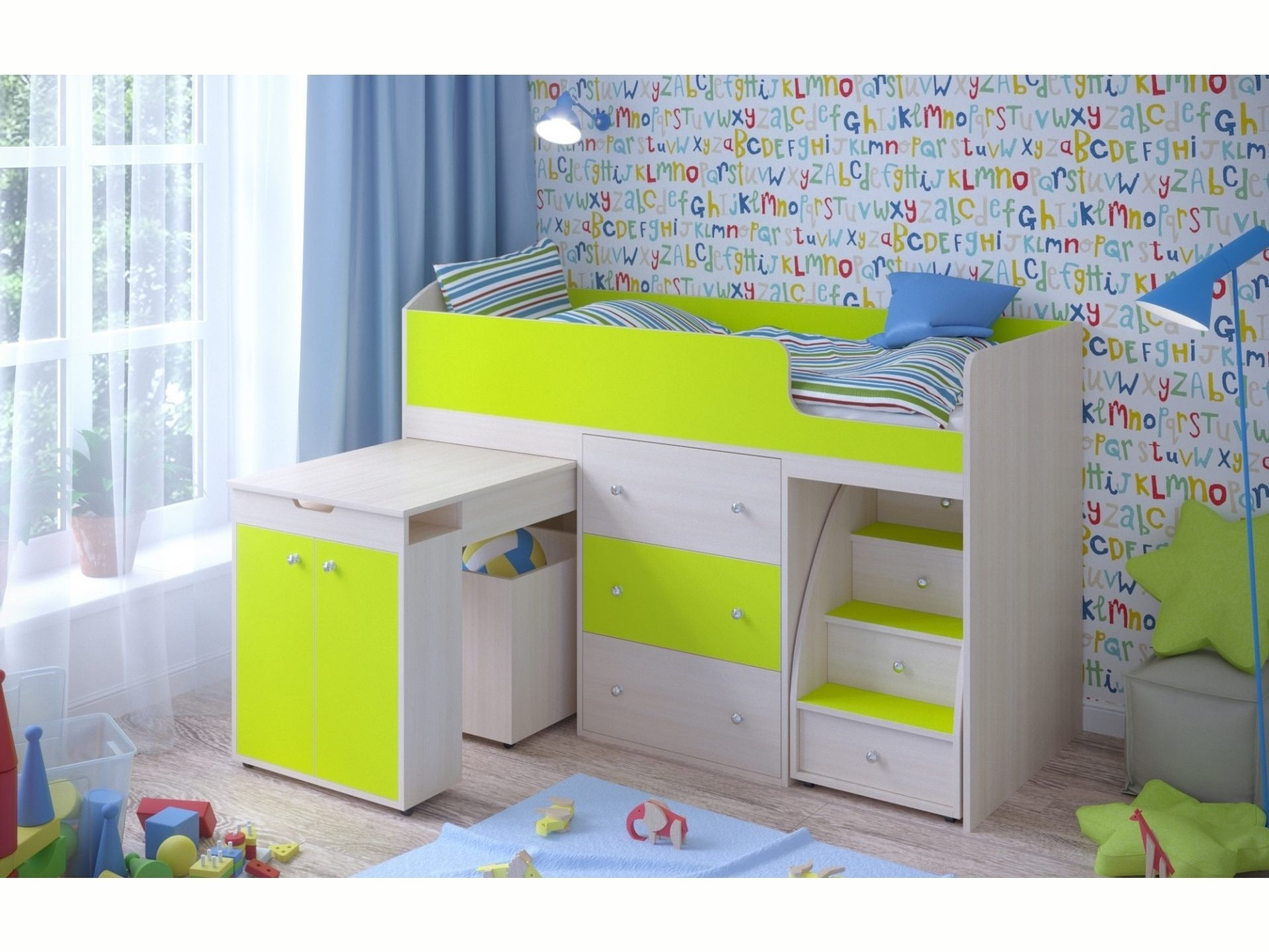 Кровать-чердак Малыш 80х180 (Дуб молочный, Лайм) Зеленый, ЛДСП кровать принцесса 80х180 лиственница сибиу лдсп