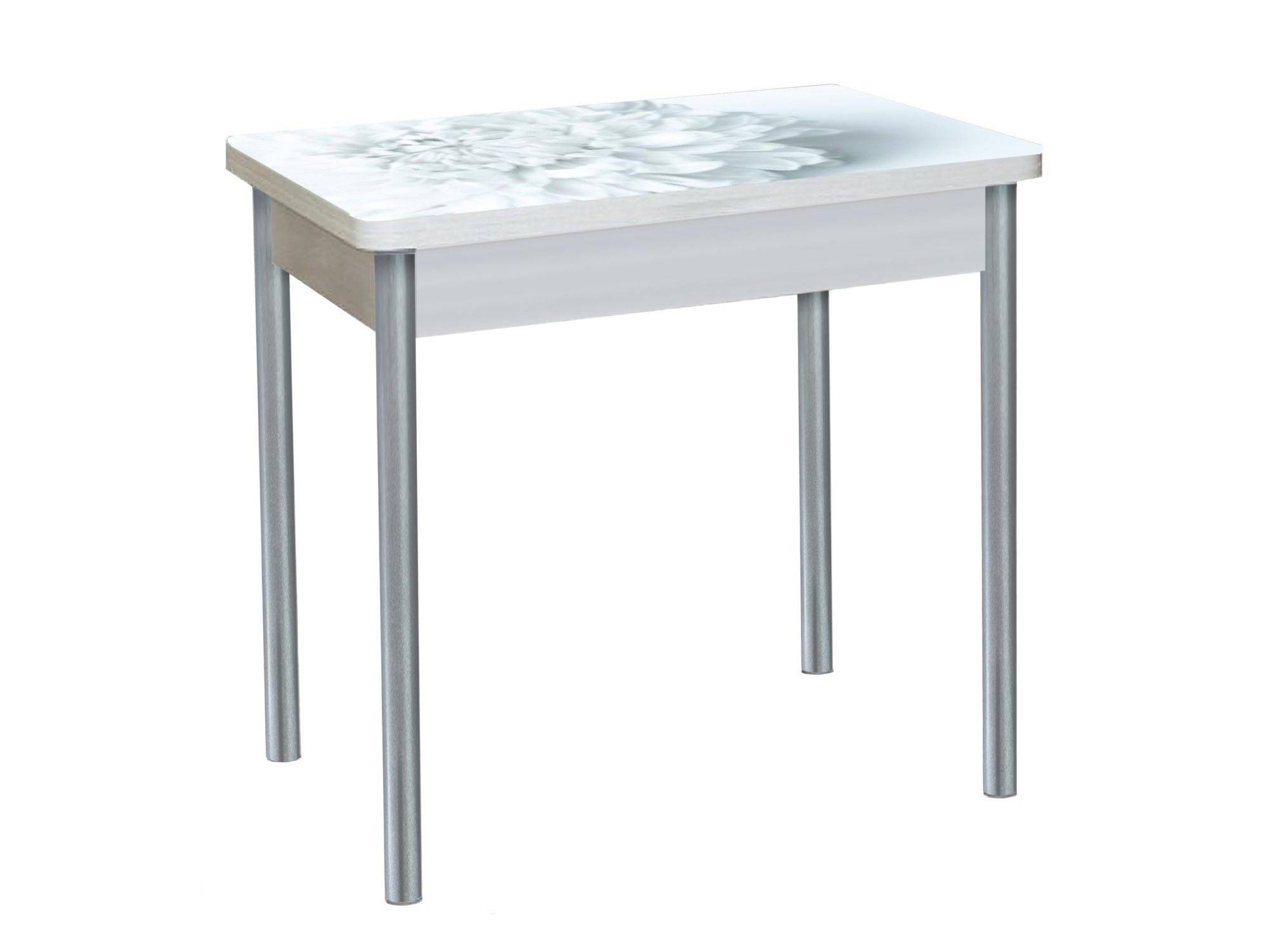 Стол обеденный поворотно раскладной фотопечать БРОНКС / бетон белый Цветы 018 / опора круглая серебристый металлик