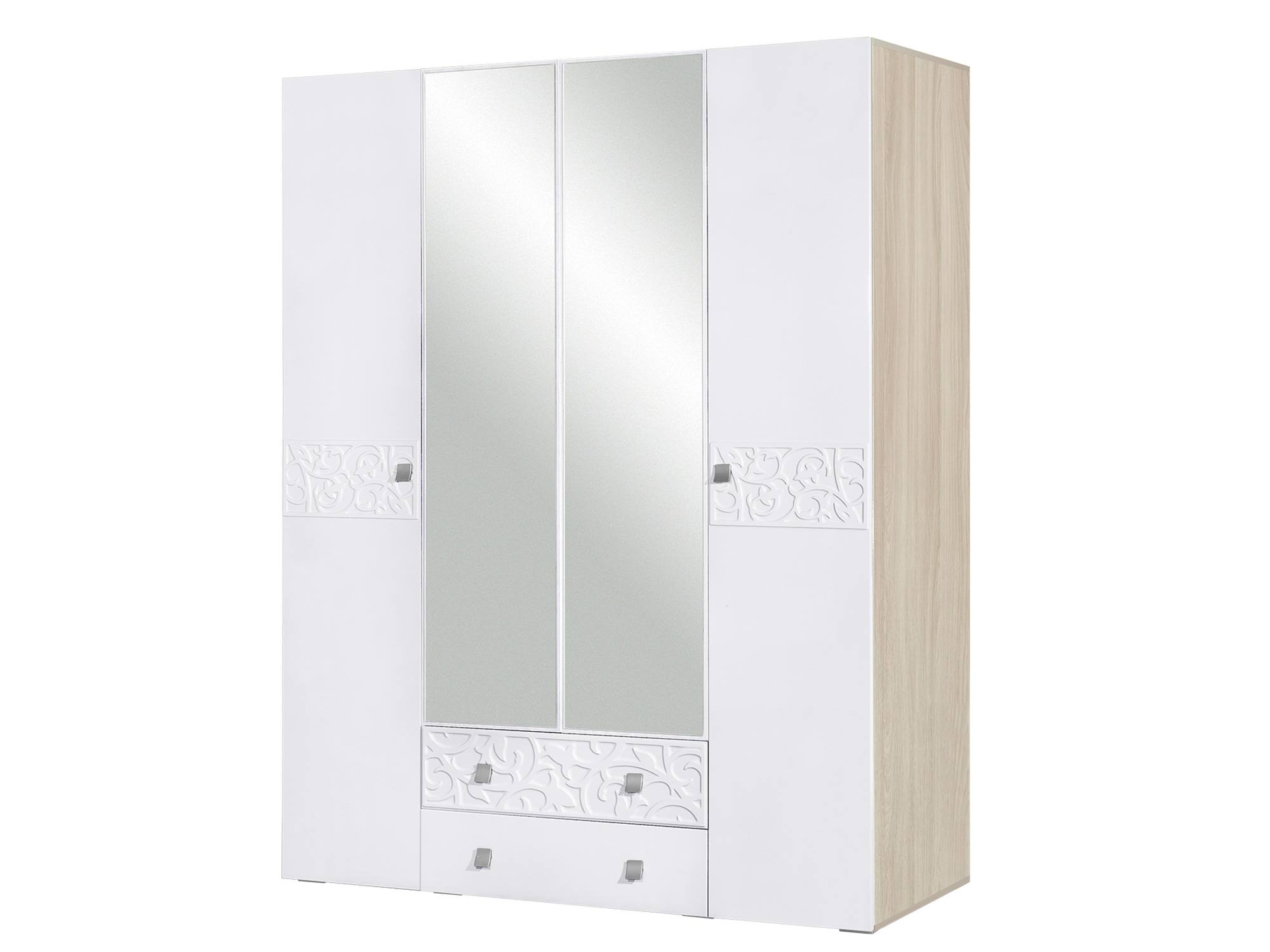 Шкаф 4-х створчатый с зеркалом Винтаж Премиум Белый глянец, Белый, Бежевый, МДФ, Зеркало, ЛДСП