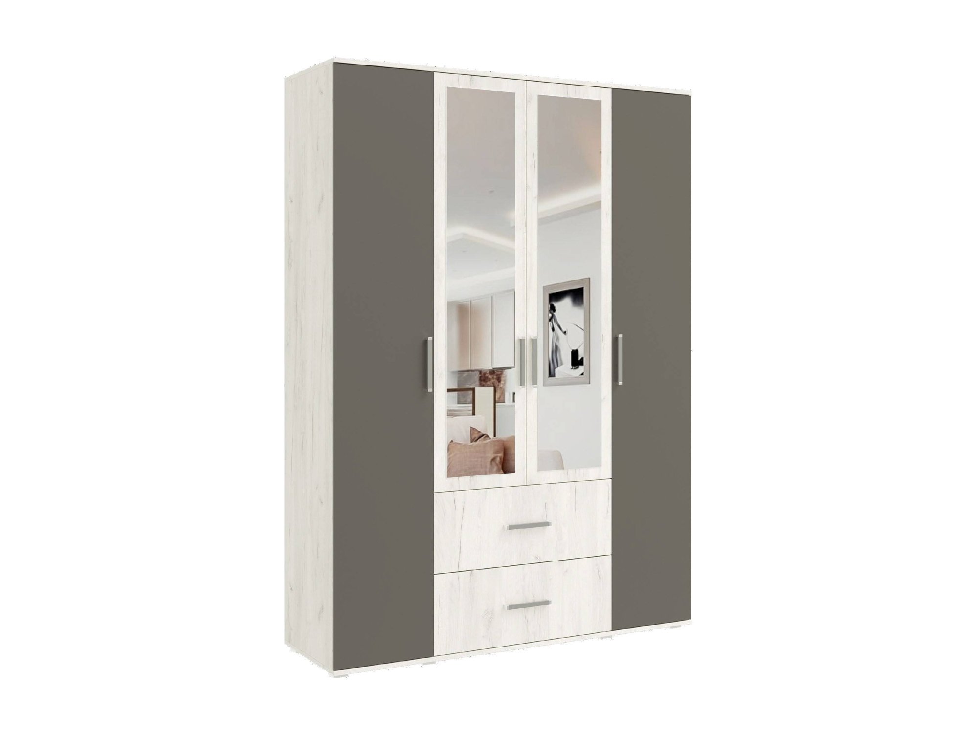 Фиеста NEW Шкаф четырехдверный с зеркалом (Крафт белый, Графит) Белый, ЛДСП шкаф четырехдверный с нишей браун
