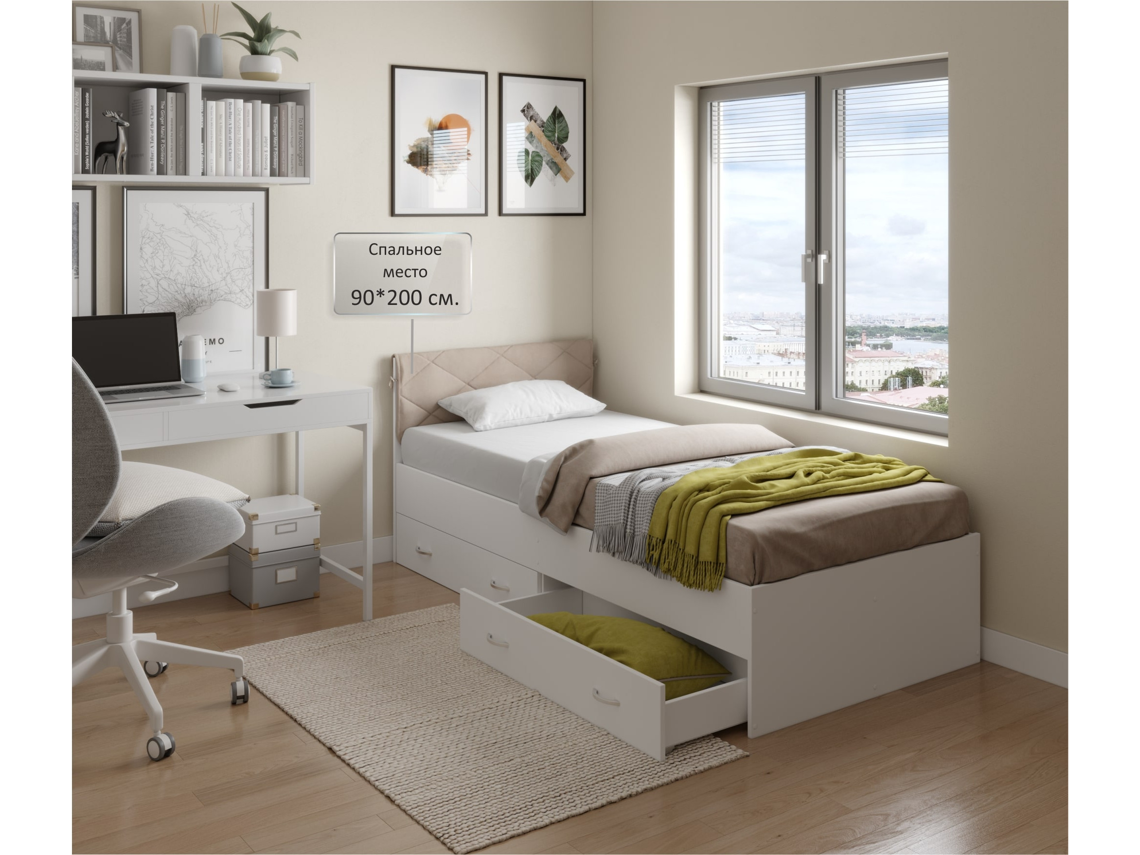 Односпальная кровать Виктория-П с подушкой 900 с ящиками белая с матрасом Promo B Cocos Белый, ЛДСП