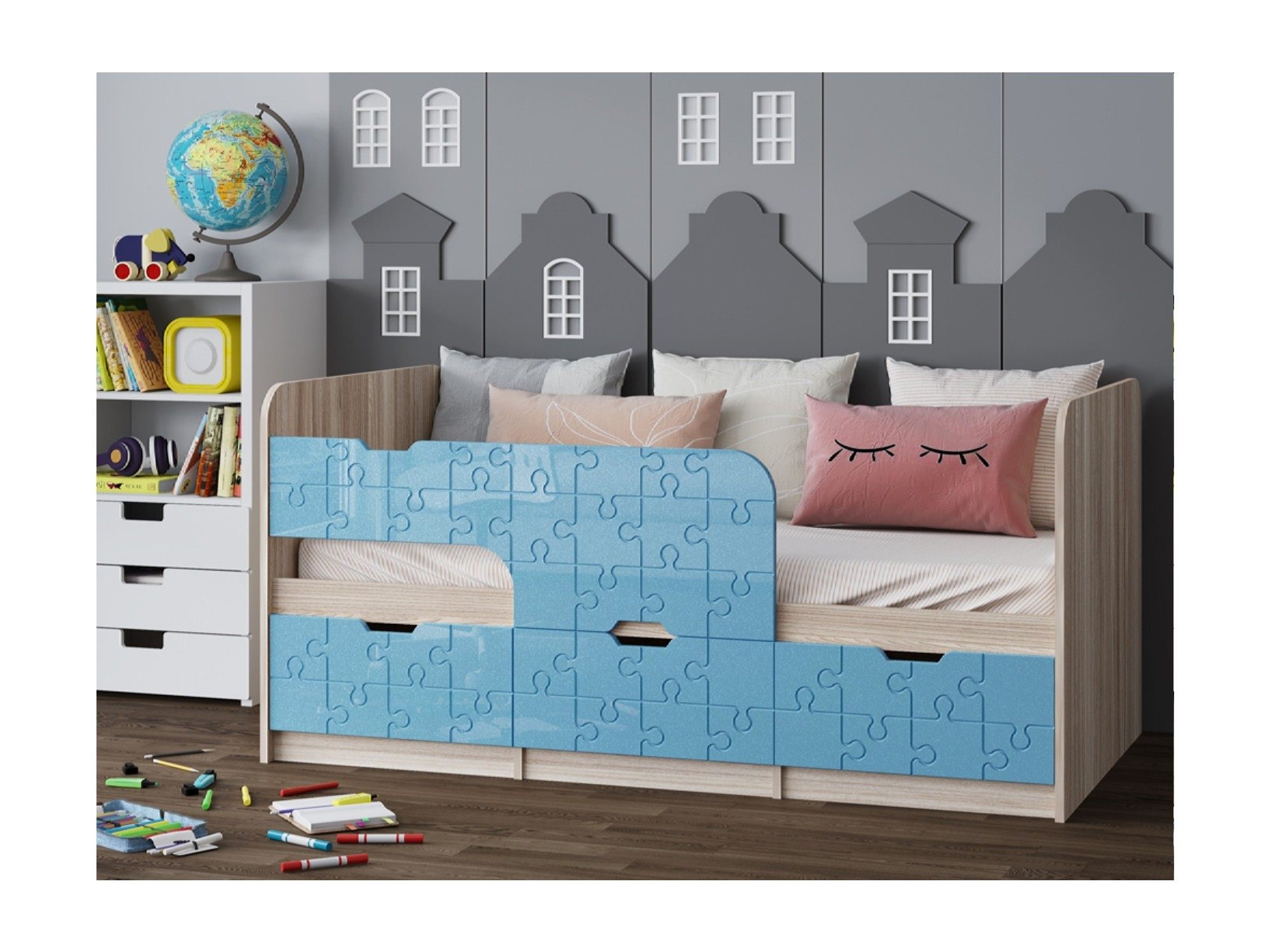 Детская кровать Юниор-9, 80х160 (Голубой металлик, Ясень шимо светлый) Голубой металлик, Голубой, Бежевый, МДФ, ЛДСП
