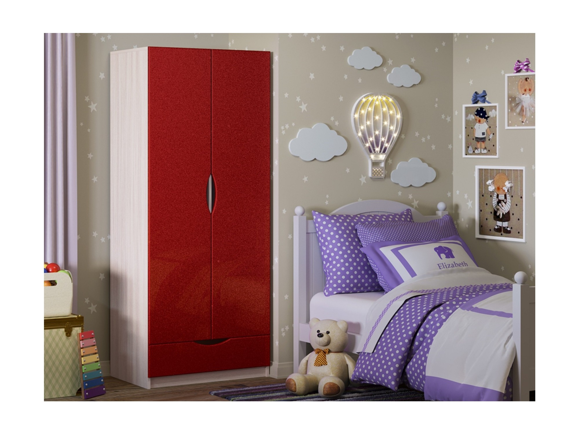 Детский шкаф Бемби-3 МДФ (Ясень шимо светлый, Красный металлик) Красный металлик, Бежевый, ЛДСП