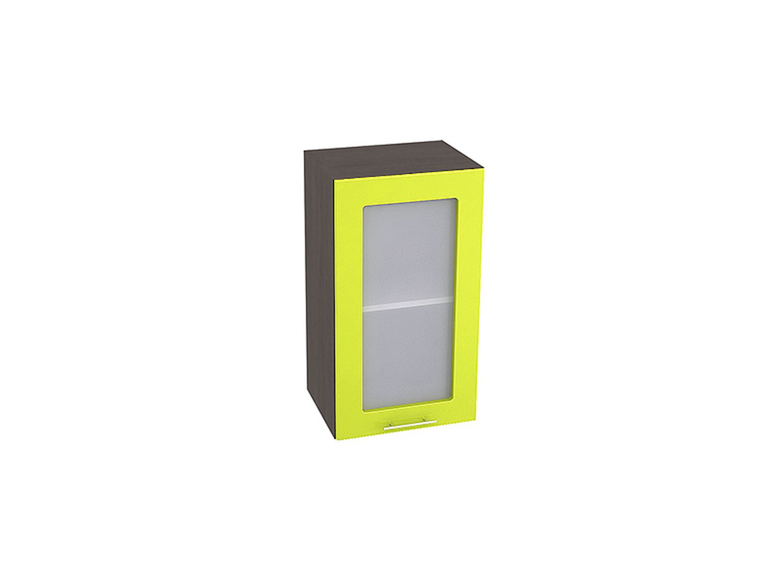 Шкаф навесной со стеклом 400 Валерия М Лайм Глянец, Зеленый, Коричневый темный, МДФ, Стекло, ЛДСП