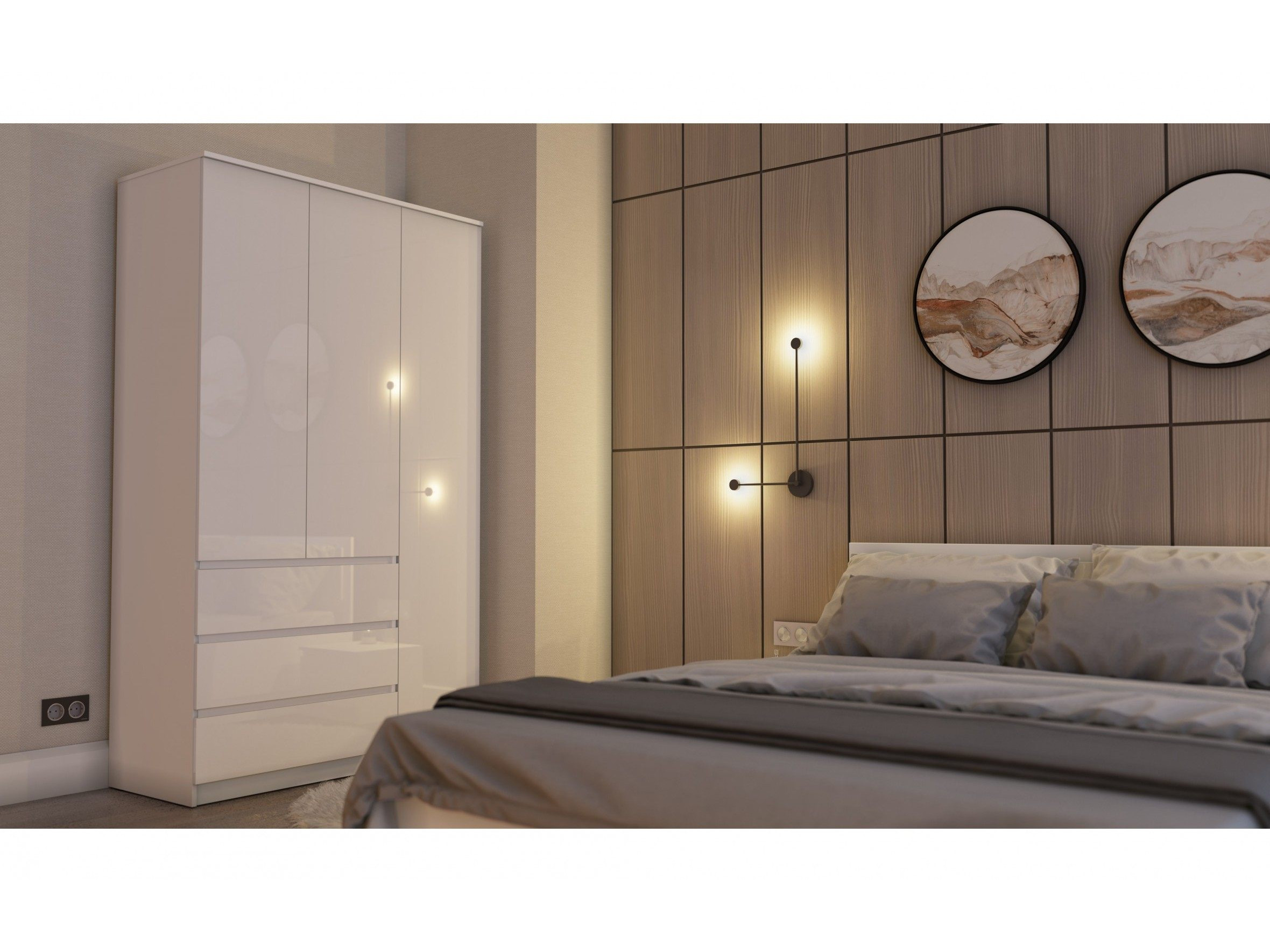 Модульная спальня Челси, комплектация 2 (Белый глянец, Дуб Сонома) Белый глянец, Бежевый, ЛДСП