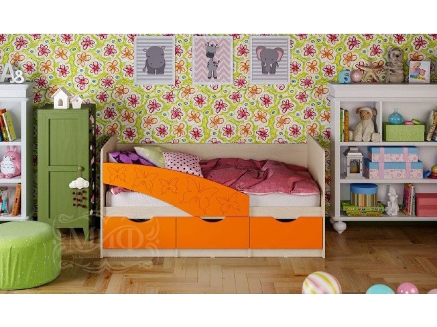 Кровать Бабочки 1,6*0,8м (Оранжевый металлик/Дуб Крафт Белый) Белый, МДФ, ЛДСП