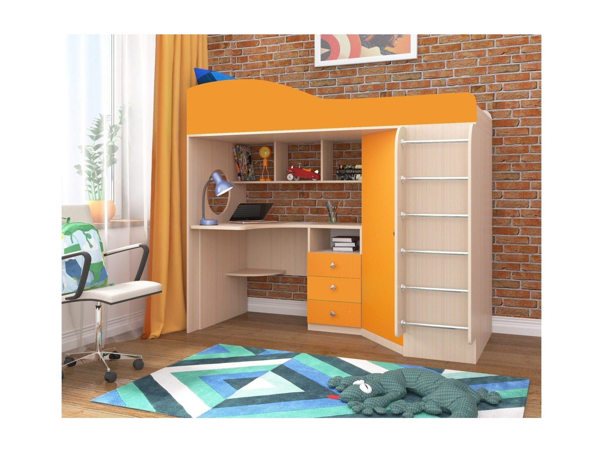 Кровать-чердак Кадет 1 с металлической лестницей (Дуб молочный, Оранжевый) Оранжевый, ЛДСП