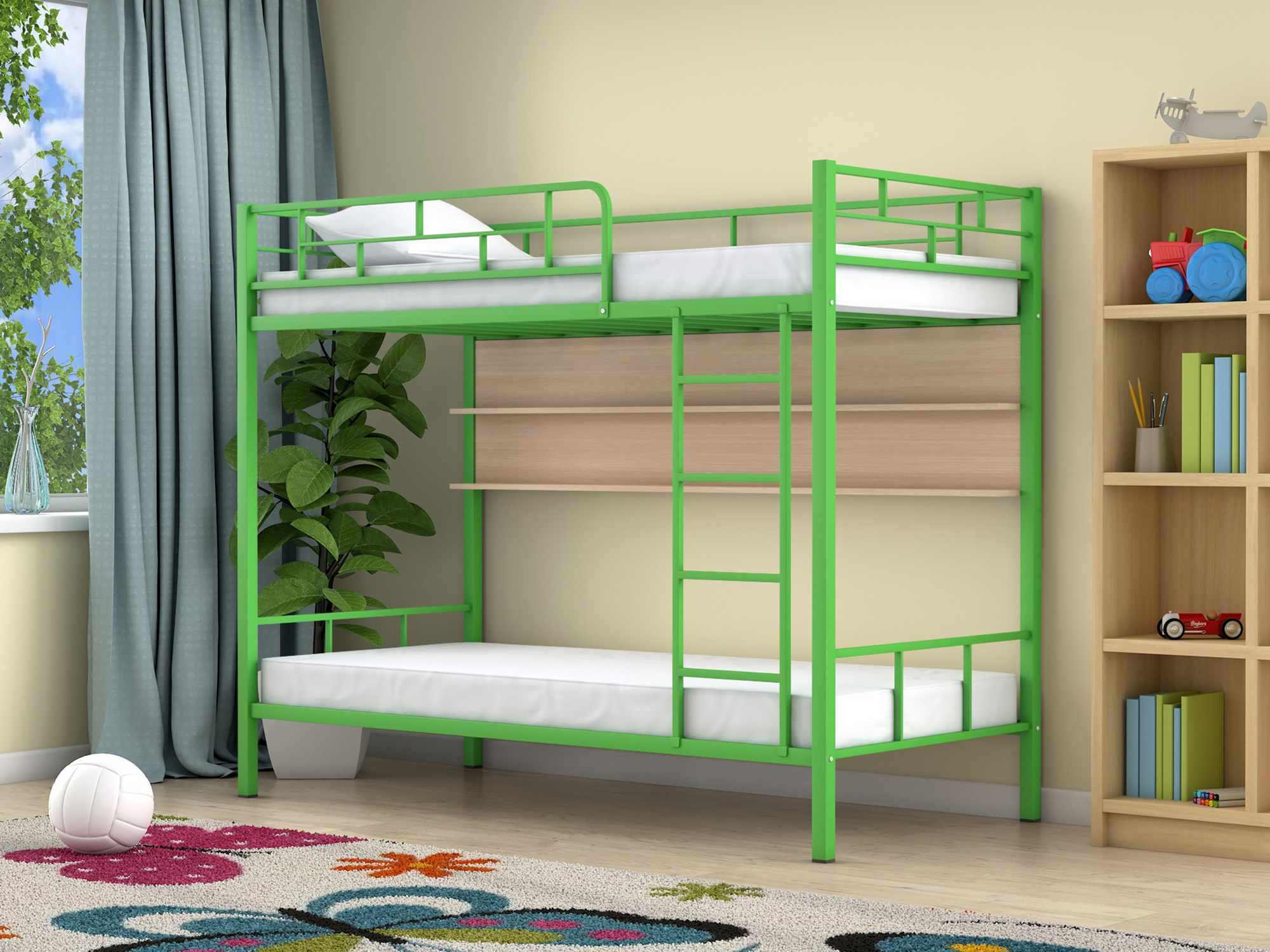 Двухъярусная кровать Ницца (90х190) Дуб молочный, , Бежевый, Зеленый, ЛДСП, Металл
