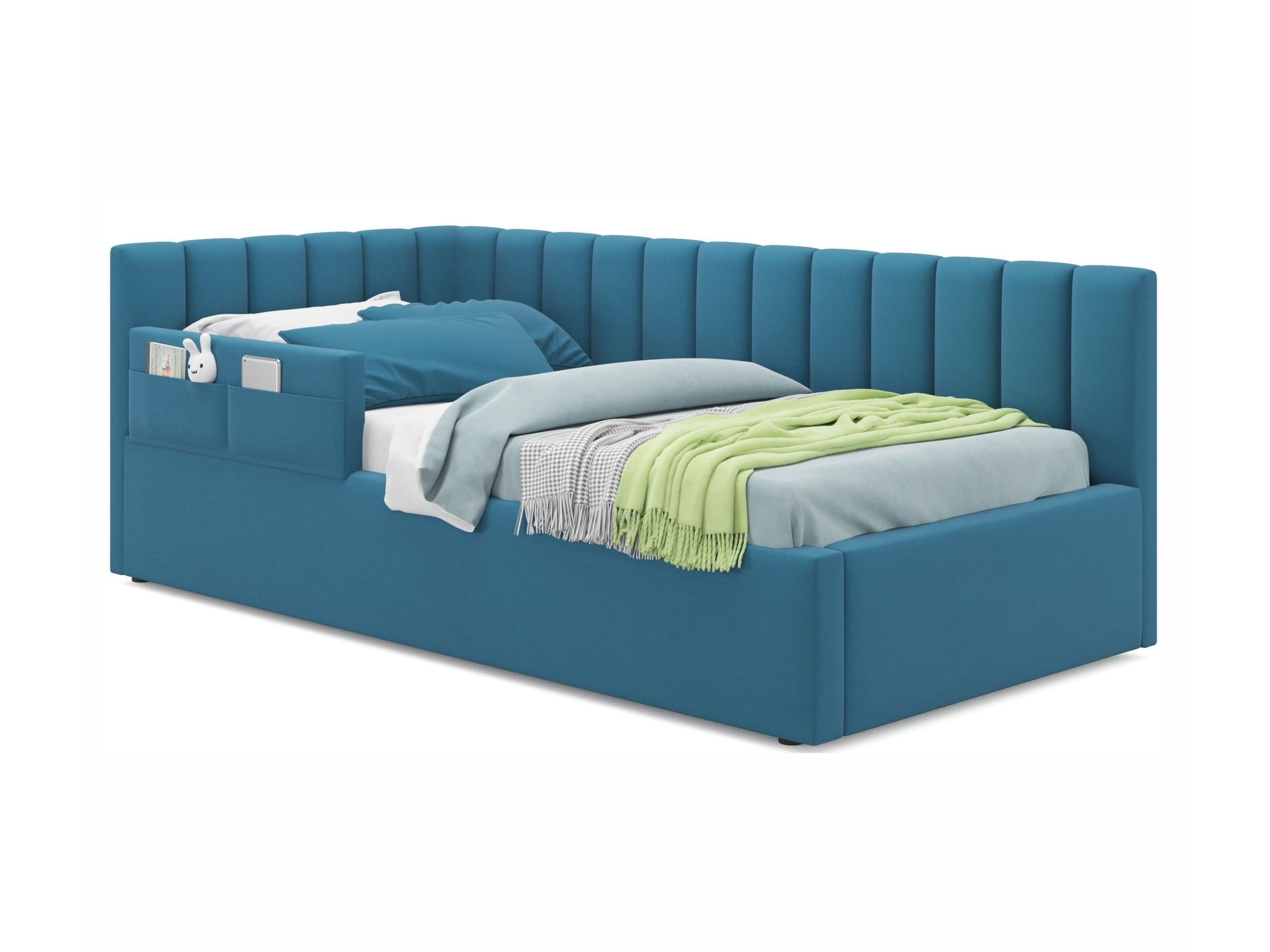 Мягкая кровать Milena с бортиком 900 синяя с подъемным механизмом синий, Синий, Велюр, ДСП