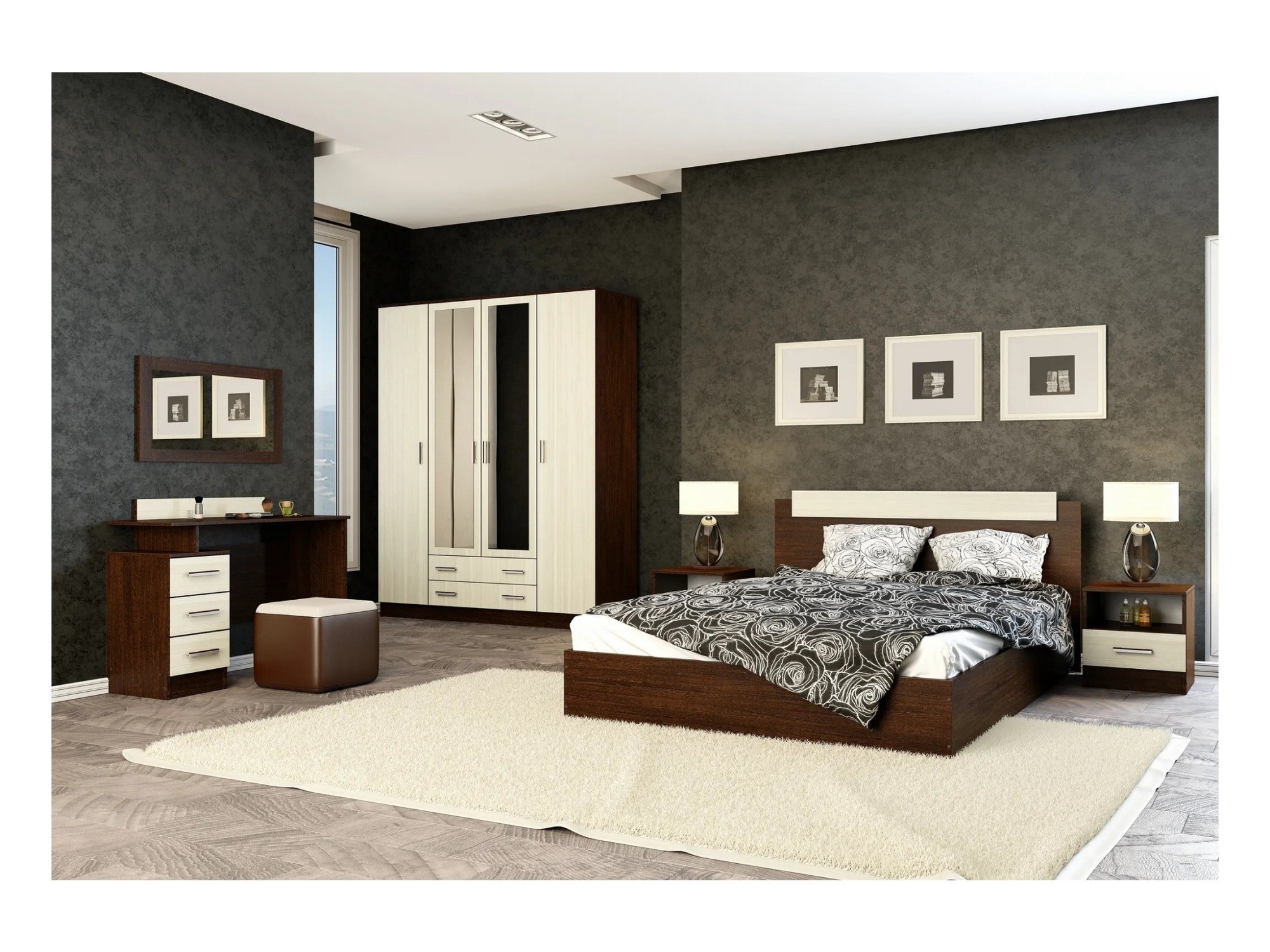 Модульная спальня Эко (композиция 1) (Венге / лоредо) Коричневый темный, Бежевый, ЛДСП модульная спальня эко композиция 1 венге лоредо коричневый темный бежевый лдсп
