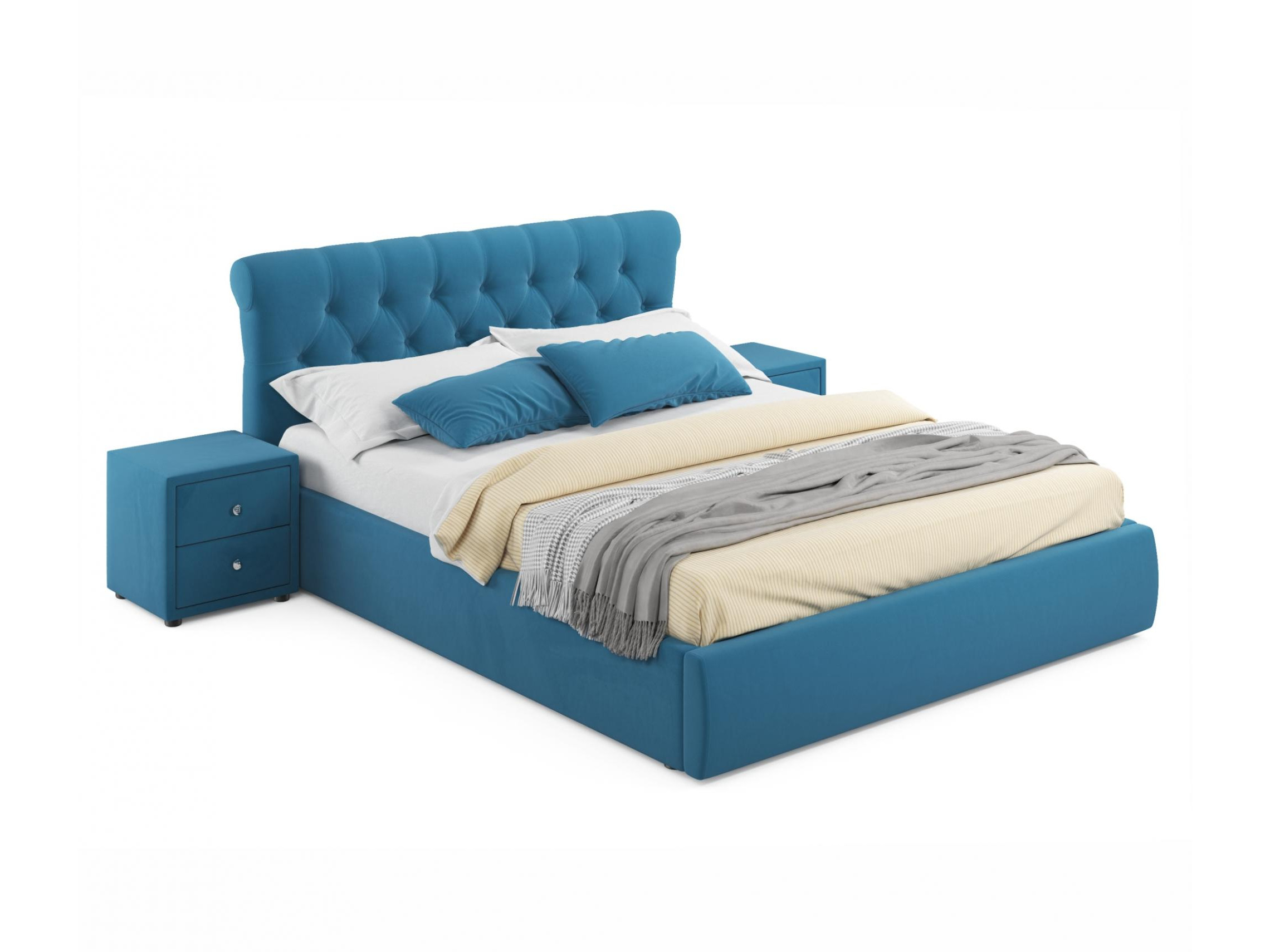 Мягкая кровать с тумбами Ameli 1600 синяя с подъемным механизмом синий, Синий, Велюр, ДСП