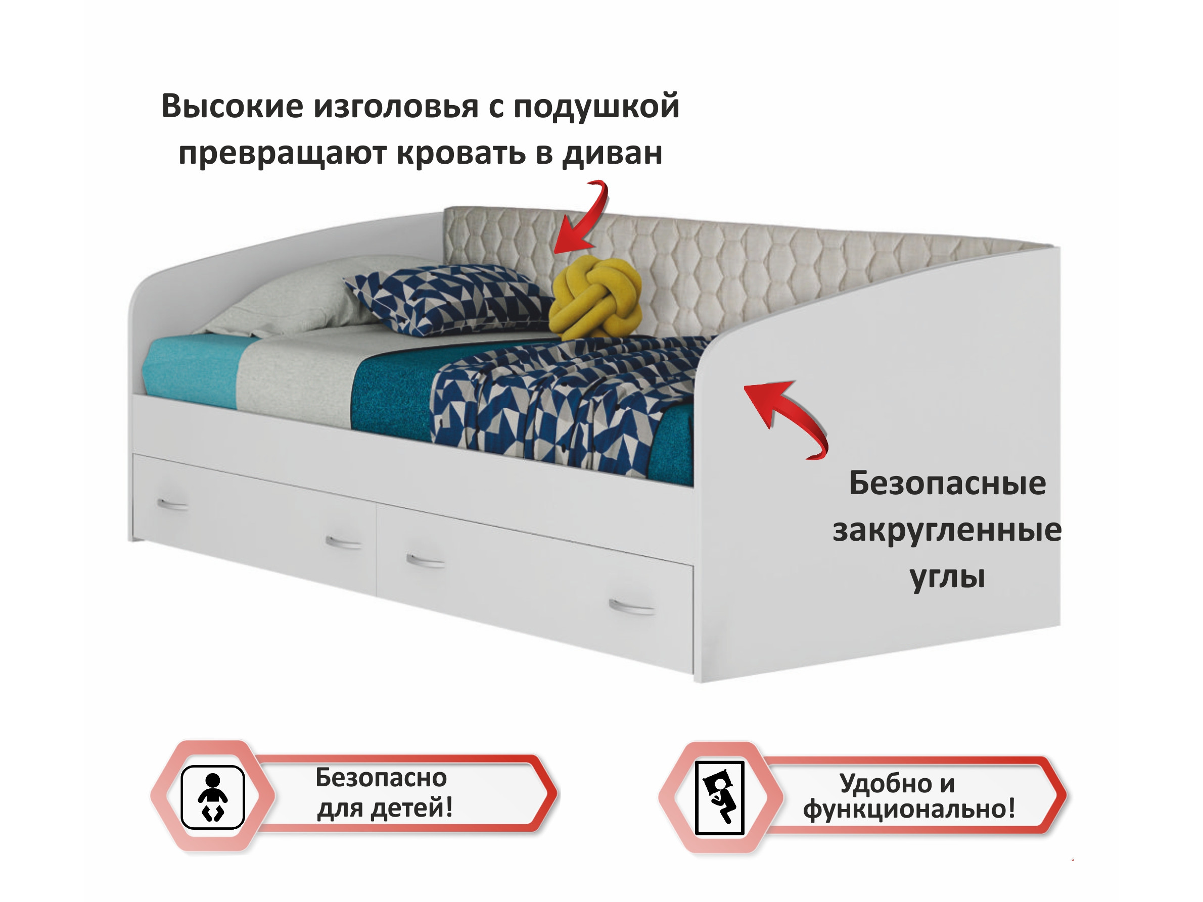 Кровать молодежная Уника-П в белом цвете с мягким изголовьем Белый, ЛДСП 2 спальная кровать виктория эко п 160 см с мягким блоком