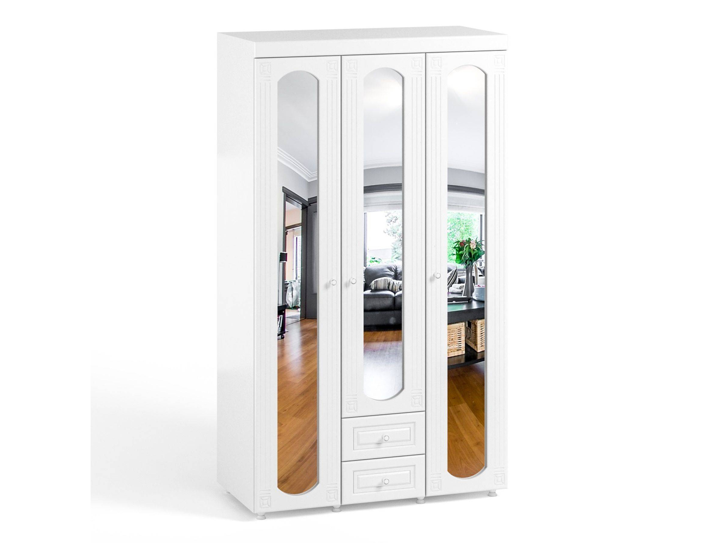 Шкаф 3-х дверный с ящиками и зеркалами Афина АФ-58 белое дерево Белое дерево, Белый, МДФ, ЛДСП