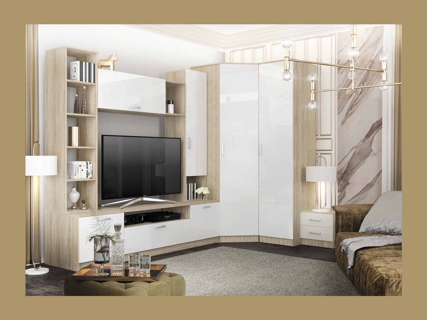 Модульная гостиная Софи, композиция 4 (Белый глянец, Дуб Сонома) Бежевый, ЛДСП гостиная софи
