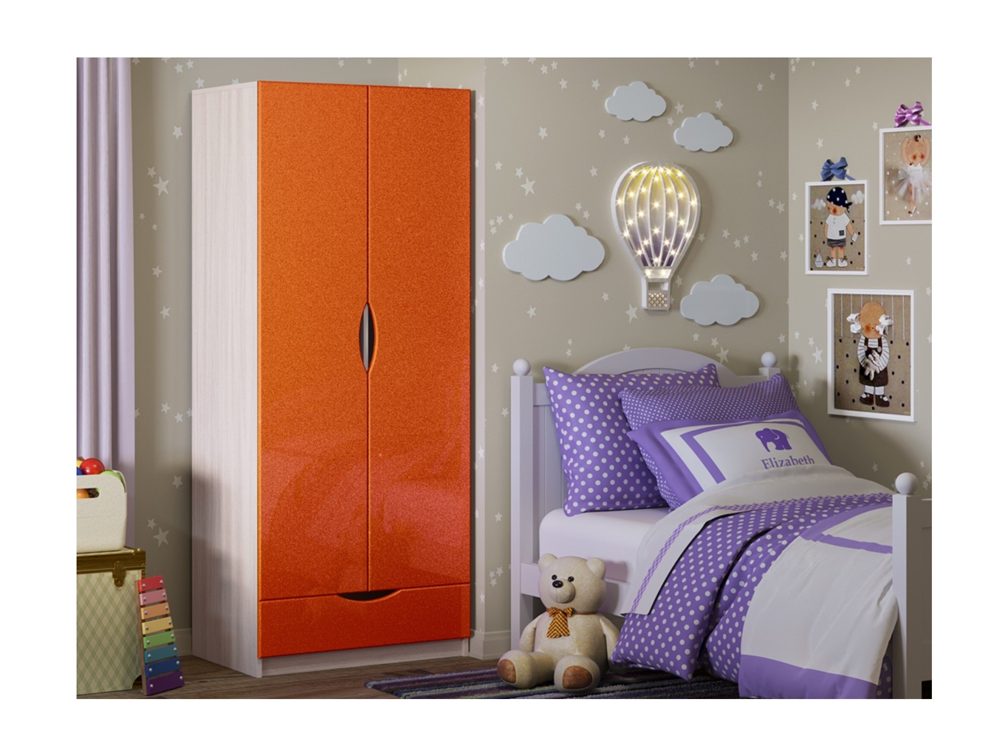 Детский шкаф Бемби-3 МДФ (Ясень шимо светлый, Апельсин металлик) Апельсин металлик, Бежевый, ЛДСП