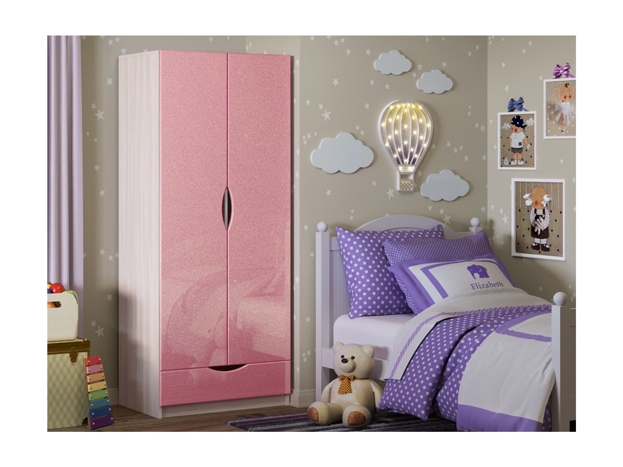Детский шкаф Бемби-3 МДФ (Ясень шимо светлый, Розовый металлик) Розовый металлик, Бежевый, ЛДСП