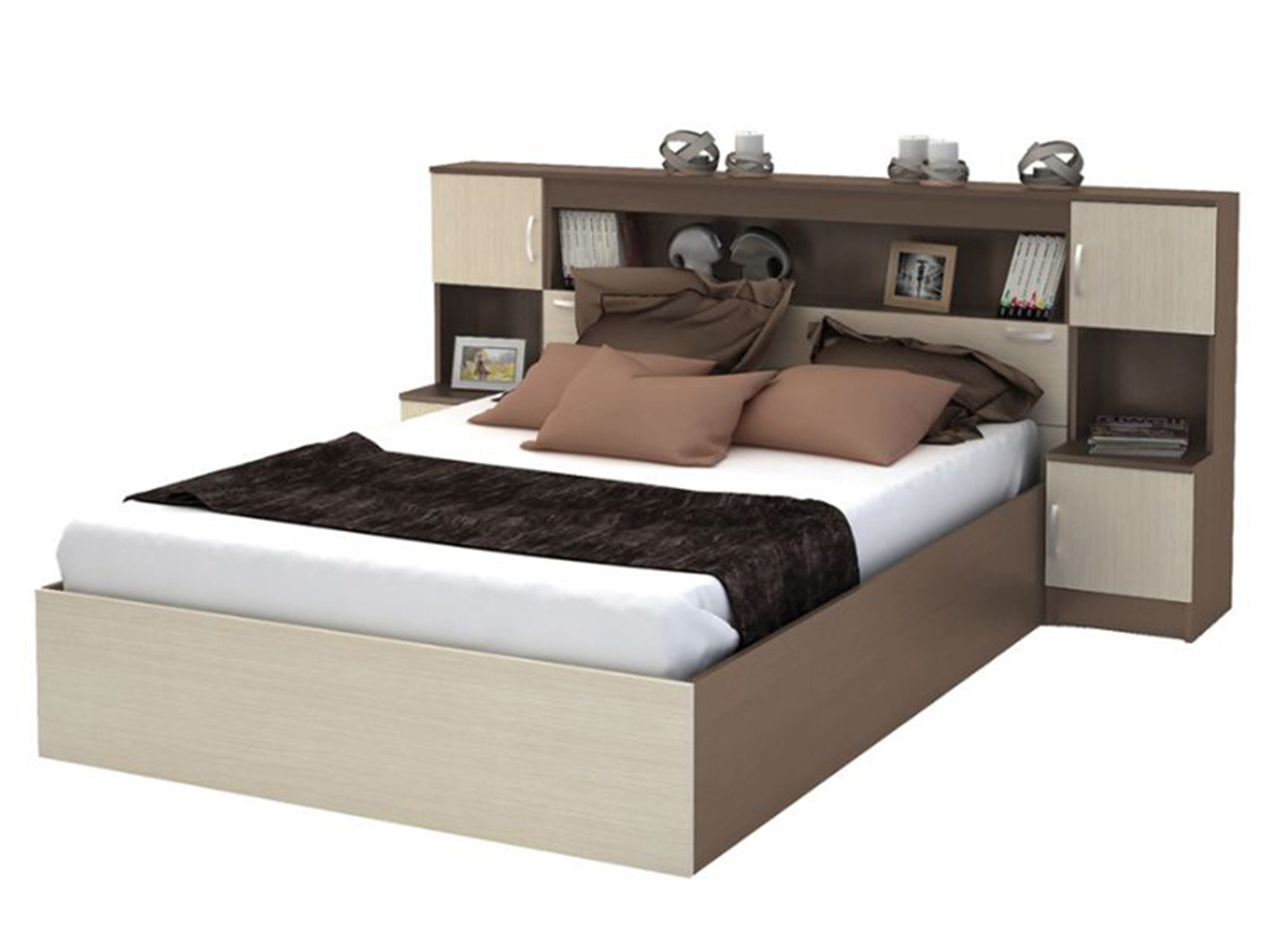Кровать с прикроватным блоком КР-552 Баско (160х200) Шимо светлый, Бежевый, Коричневый, ЛДСП цена и фото
