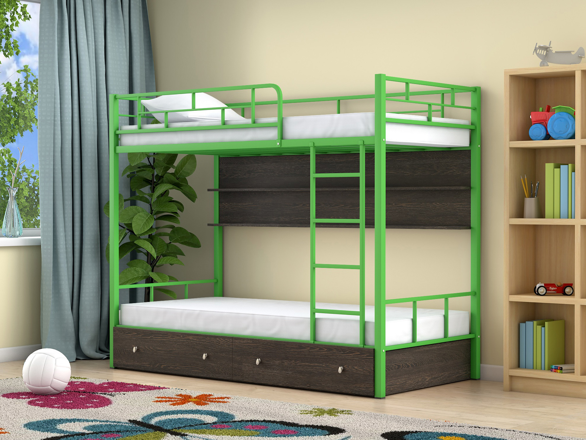 Двухъярусная кровать Ницца (90х190) Венге, , Коричневый темный, Зеленый, ЛДСП, Металл двухъярусная кровать ницца 90х190 венге коричневый темный зеленый лдсп металл