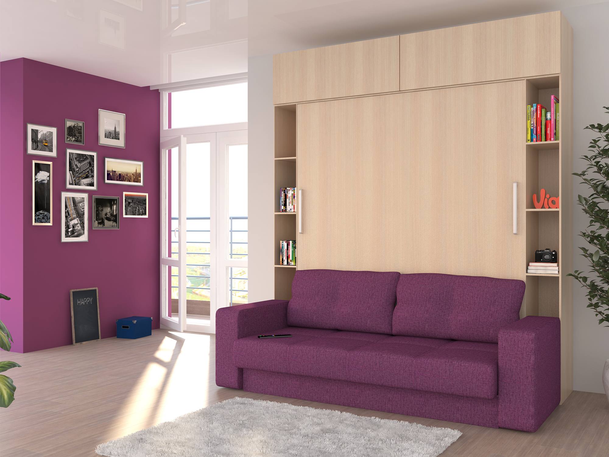 Многофункциональный трансформер шкаф-диван-кровать MebelVia Фиолетовый, Рогожка, Металл, ЛДСП фото