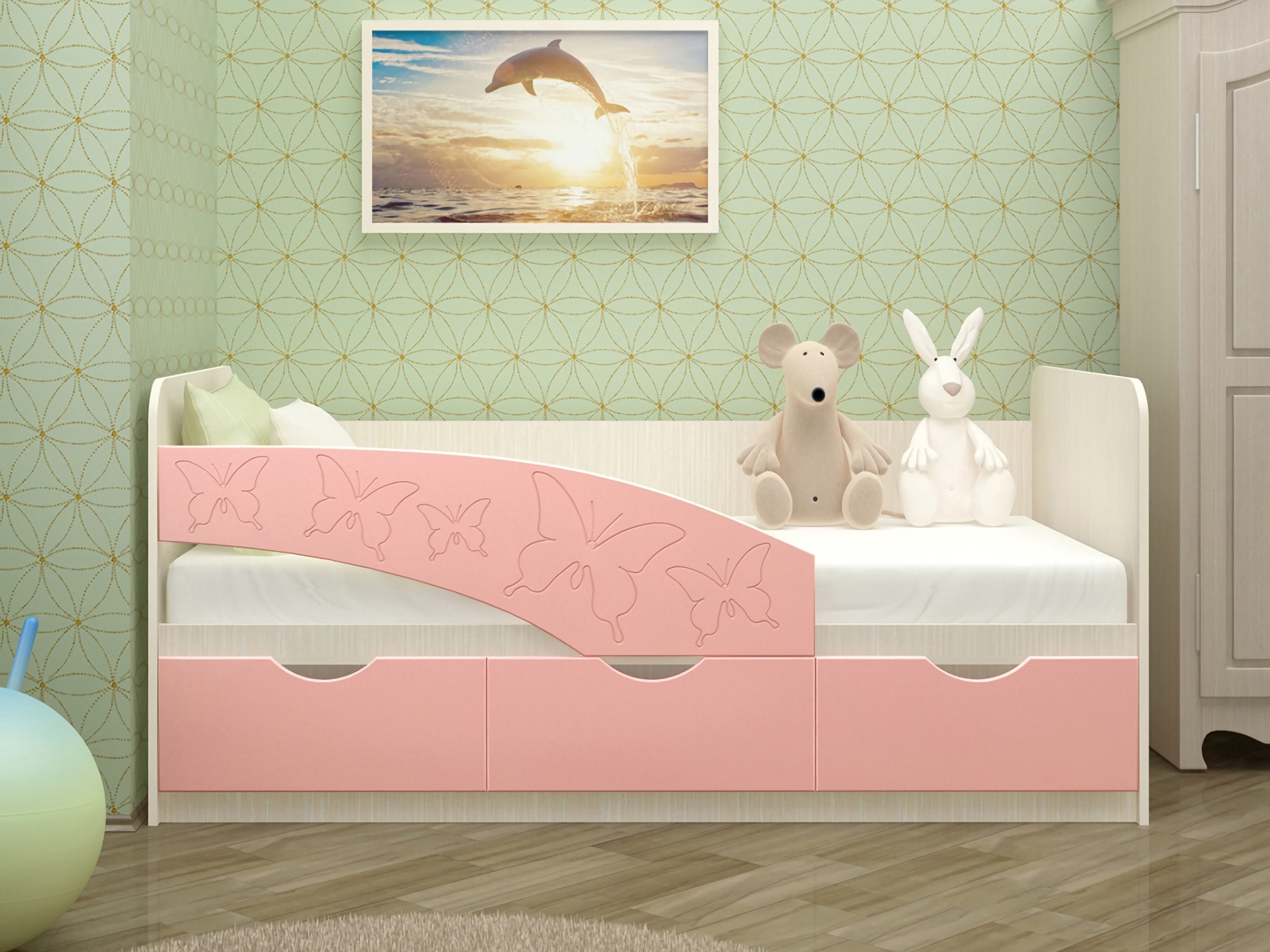 цена Детская кровать Бабочки 80х160, розовый металл (Розовый, Дуб Крафт белый) Розовый, Белый, МДФ, ЛДСП