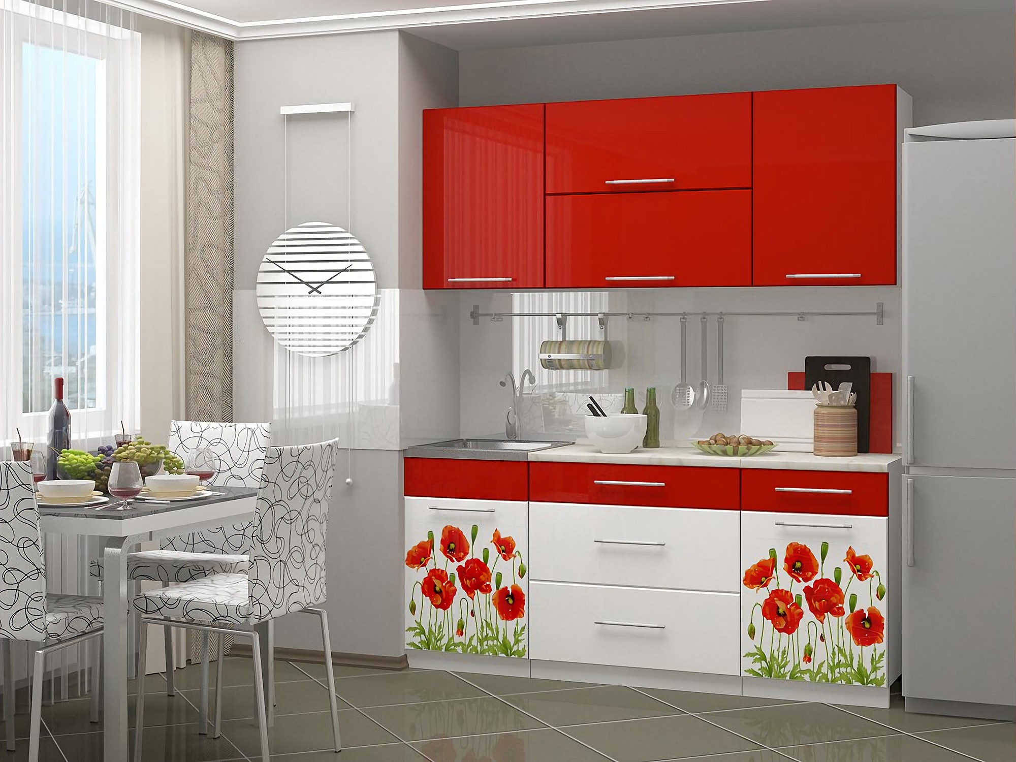 Кухня МДФ 1800 с фотопечатью Маки красные МДФ, ЛДСП маки красные