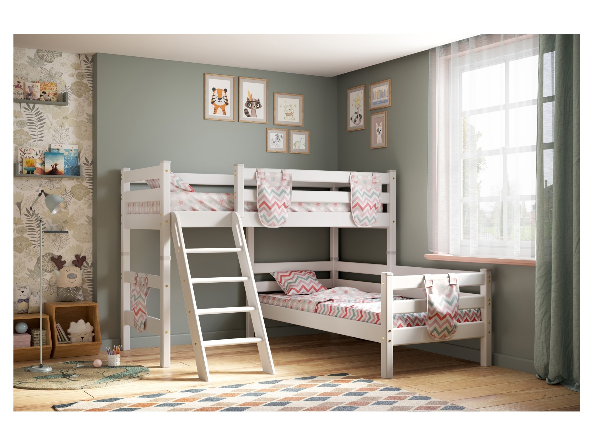 Кровать Соня (вариант 8) угловая с наклонной лестницей, белый Белый, Массив, ЛДСП двухъярусная кровать соня с наклонной лестницей вариант 10 белый массив лдсп