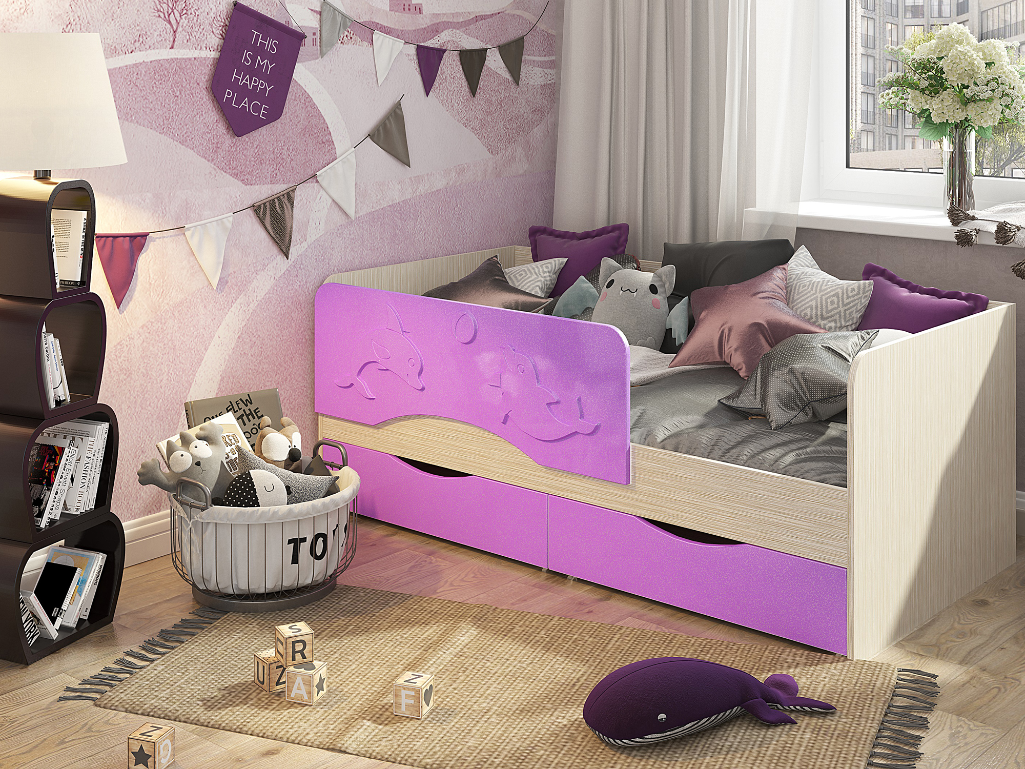 Кровать Алиса (80х160) Сиреневый, Фиолетовый, Бежевый, МДФ, ЛДСП шкаф алиса 562 мдф