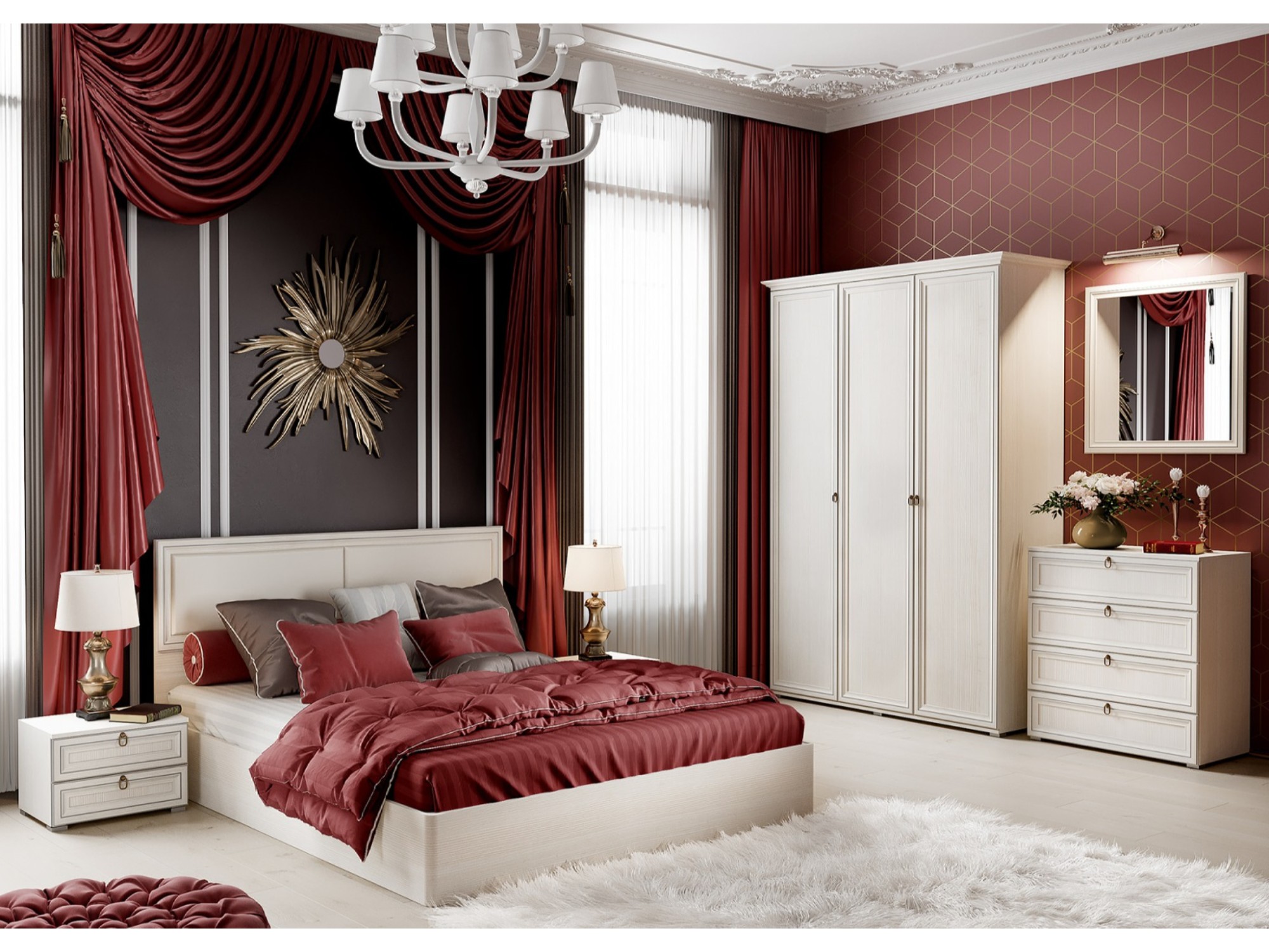 Модульная спальня Престиж 2, композиция 2 (Сандал светлый) Белый, МДФ, ЛДСП модульная гостиная престиж 2