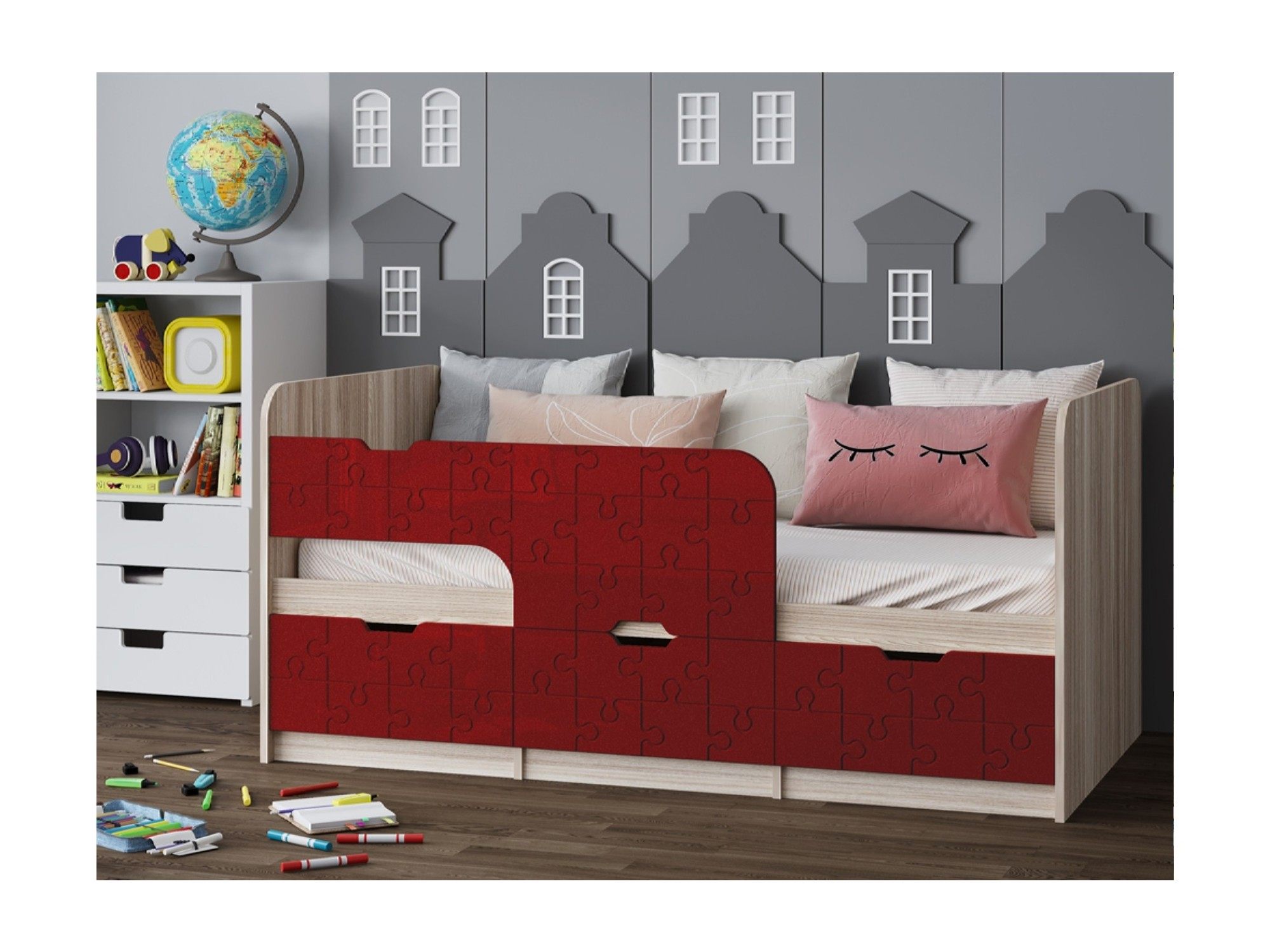 Детская кровать Юниор-9, 80х160 (Красный металлик, Ясень шимо светлый) Красный металлик, Красный, Бежевый, МДФ, ЛДСП