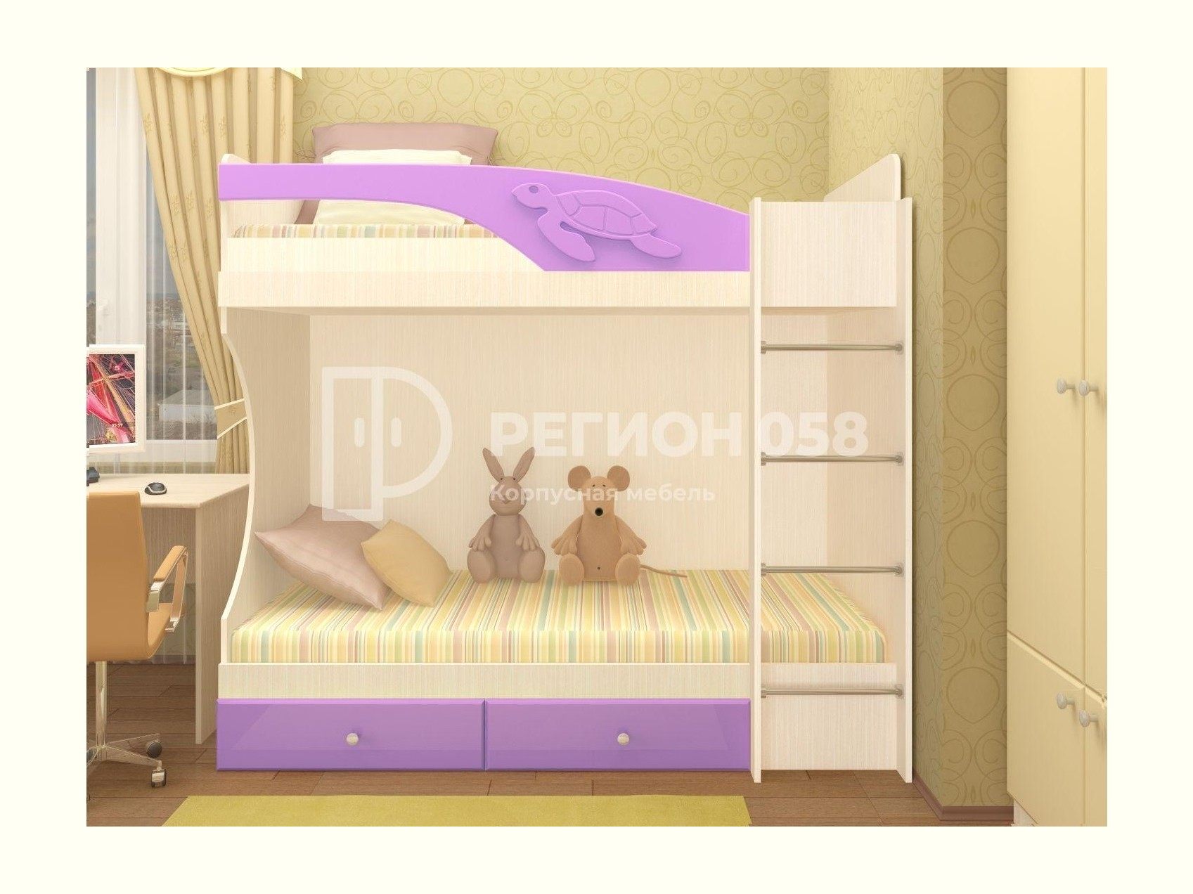 Двухъярусная кровать Бемби МДФ (фасад 3D) (Лиловый металл, шимо светлый) Бежевый двухъярусная кровать бемби мдф фасад 3d розовый металлик шимо светлый бежевый