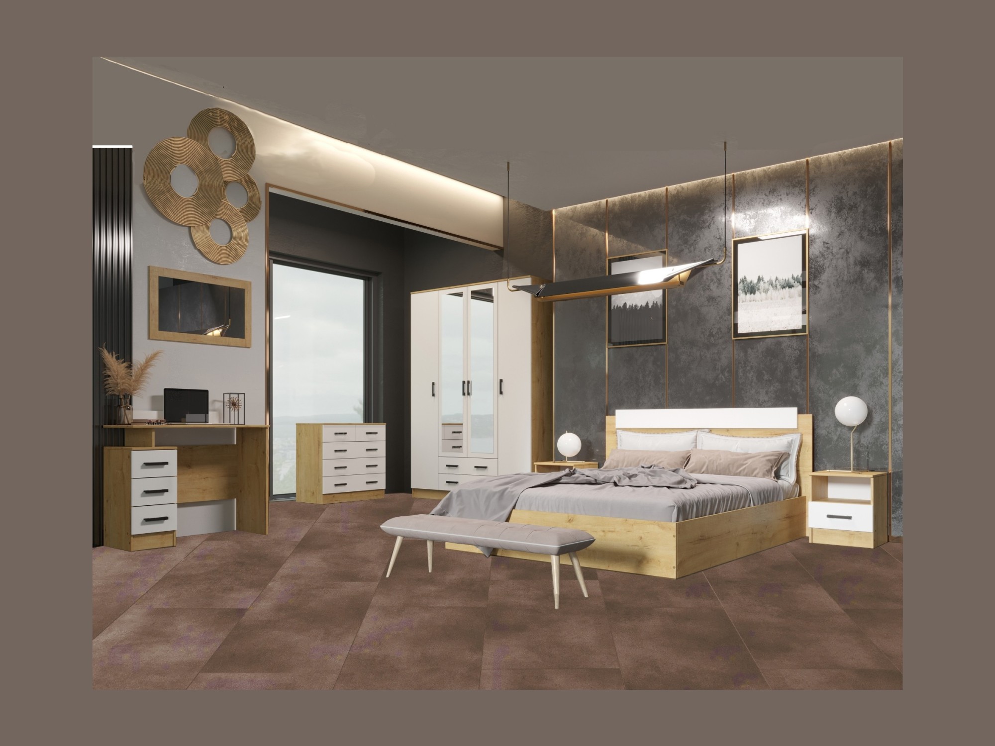 Модульная спальня Эко, композиция 4 (Белый гладкий, Дуб Вотан) Бежевый, ЛДСП фото