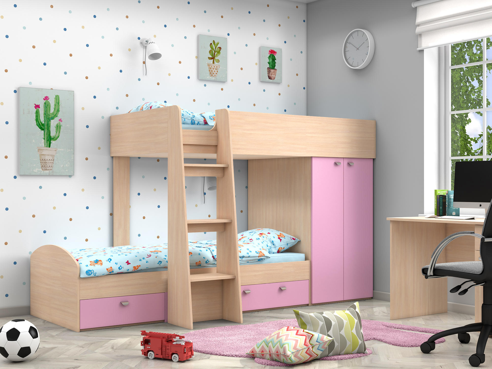 Двухъярусная кровать Golden Kids-2 (90х200) Розовый, Белый, Бежевый, ЛДСП