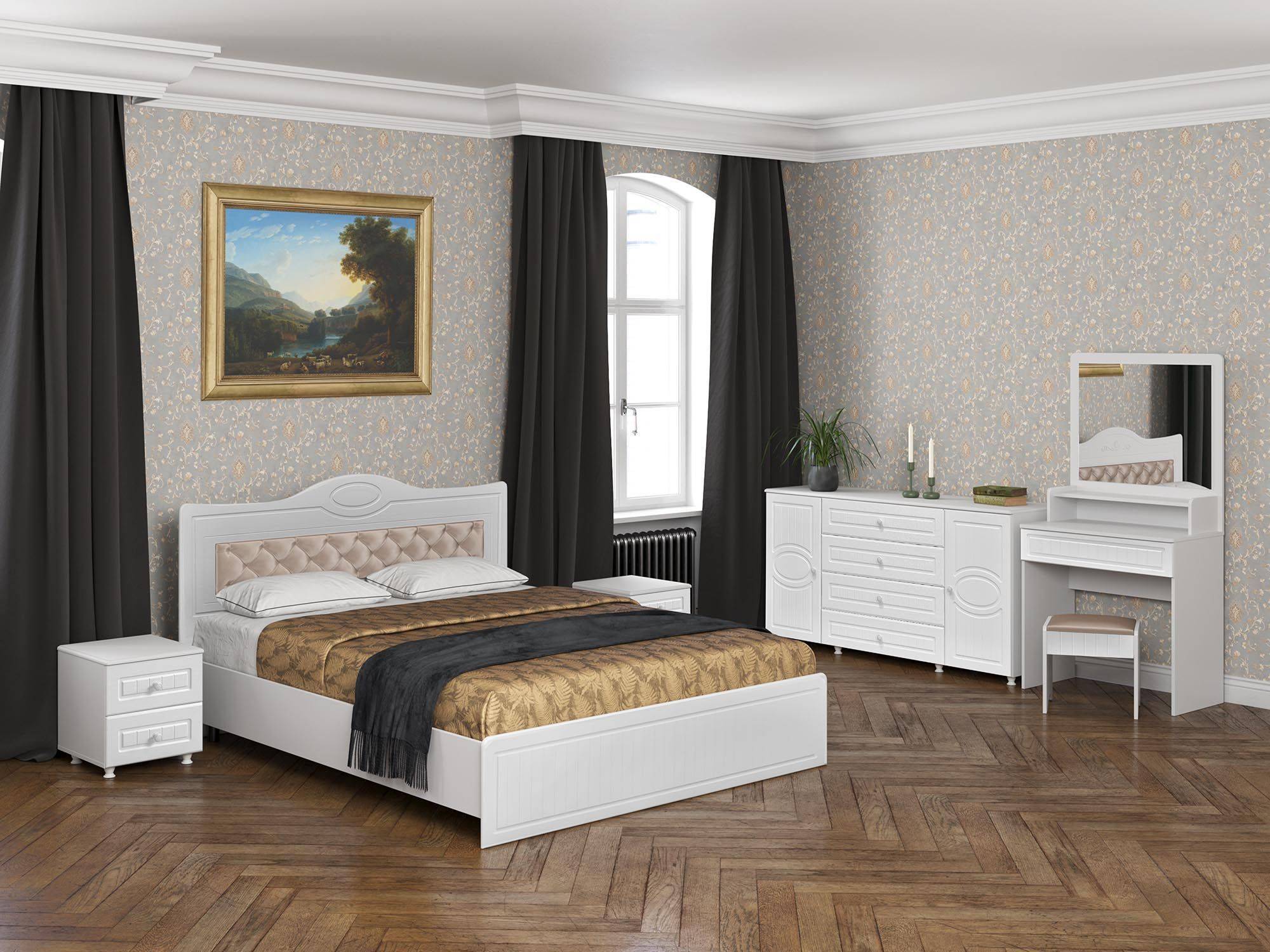 спальня монако комплект 1 белый Спальня Монако-5 мягкая спинка белое дерево Белое дерево, Белый, МДФ, ЛДСП