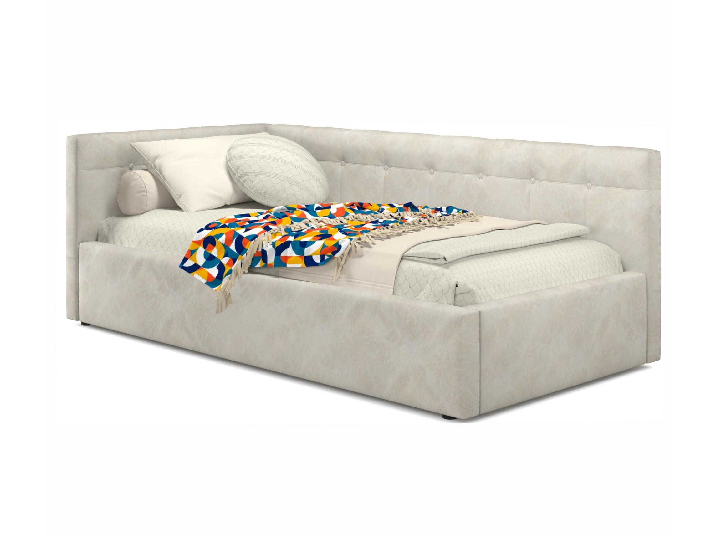 Односпальная кровать-тахта Bonna 900 кожа кремовый с подъемным механизмом кремовый, Бежевый, Экокожа, ДСП