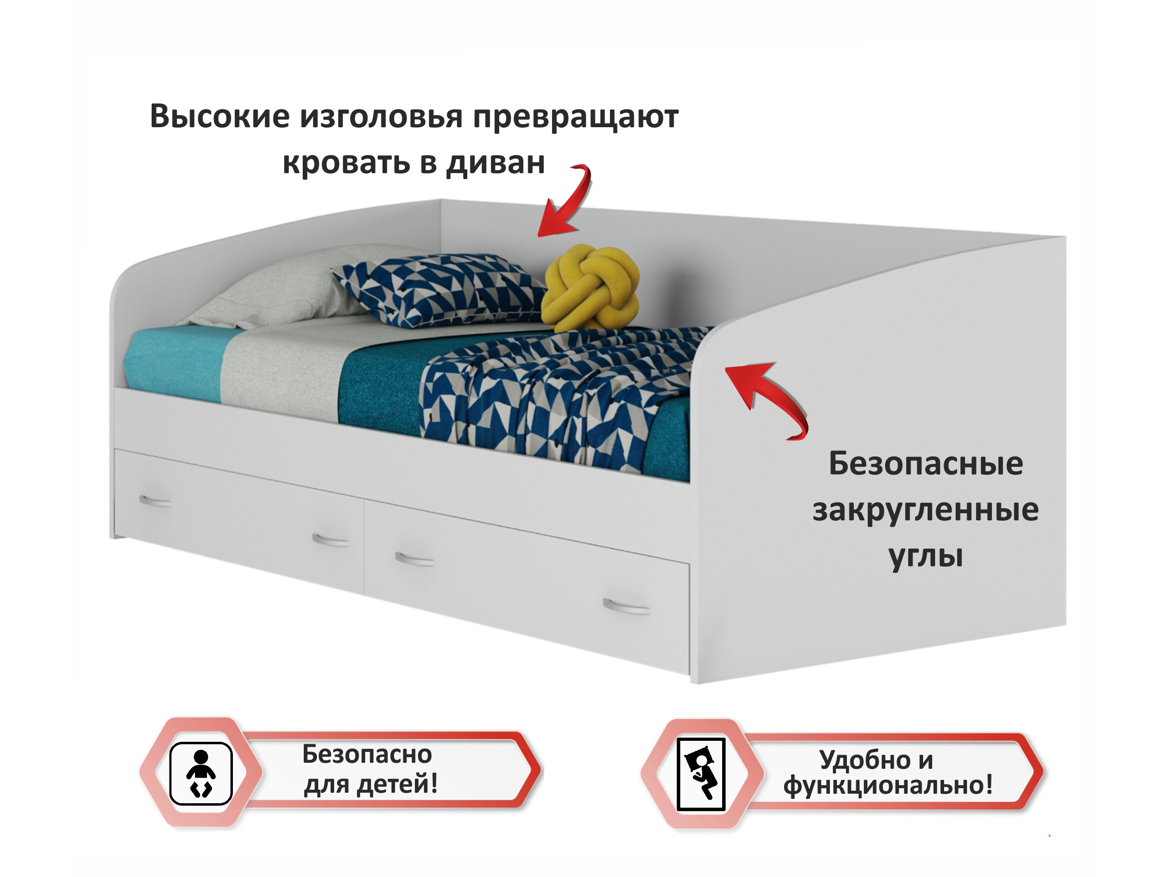 Подростковая кровать Уника с ящиками на 900 в белом цвете Белый, ЛДСП