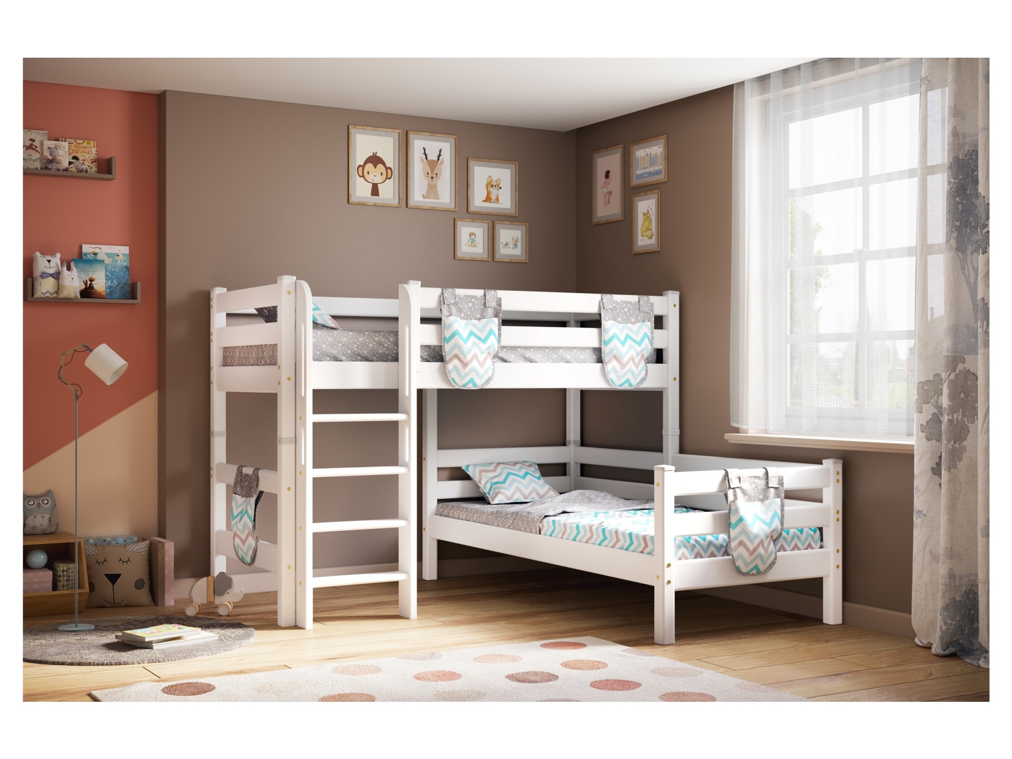 Кровать Соня (вариант 7) угловая с прямой лестницей, белый Белый, Массив, ЛДСП двухъярусная кровать соня с наклонной лестницей вариант 10 белый массив лдсп