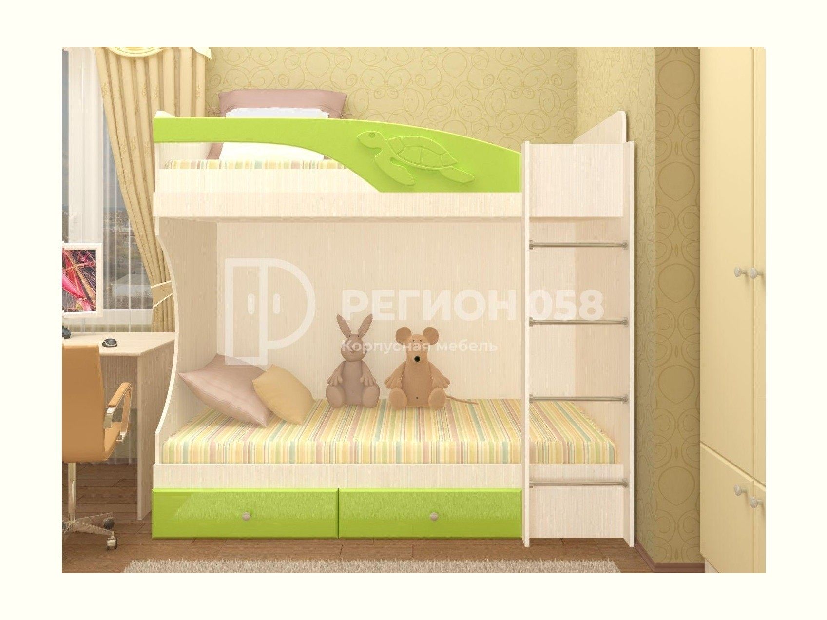Двухъярусная кровать Бемби МДФ (фасад 3D) (Цитрус глянец, шимо светлый) Бежевый двухъярусная кровать бемби мдф фасад 3d ваниль матовая шимо светлый бежевый