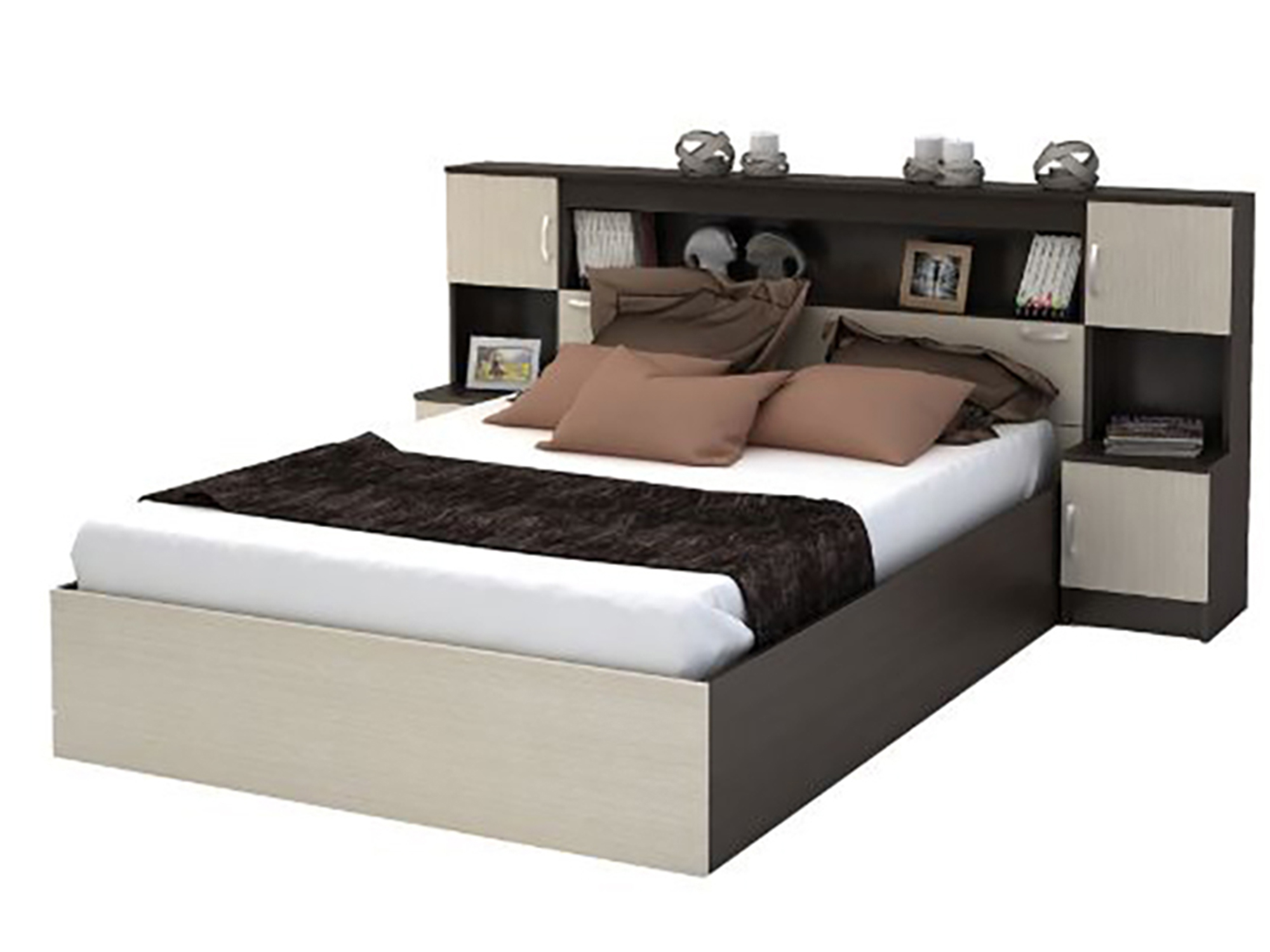 Кровать с прикроватным блоком КР-552 Баско (160х200) Белфорд, Бежевый, Коричневый темный, ЛДСП спальня бася кр 552 кровать с прикров блоком