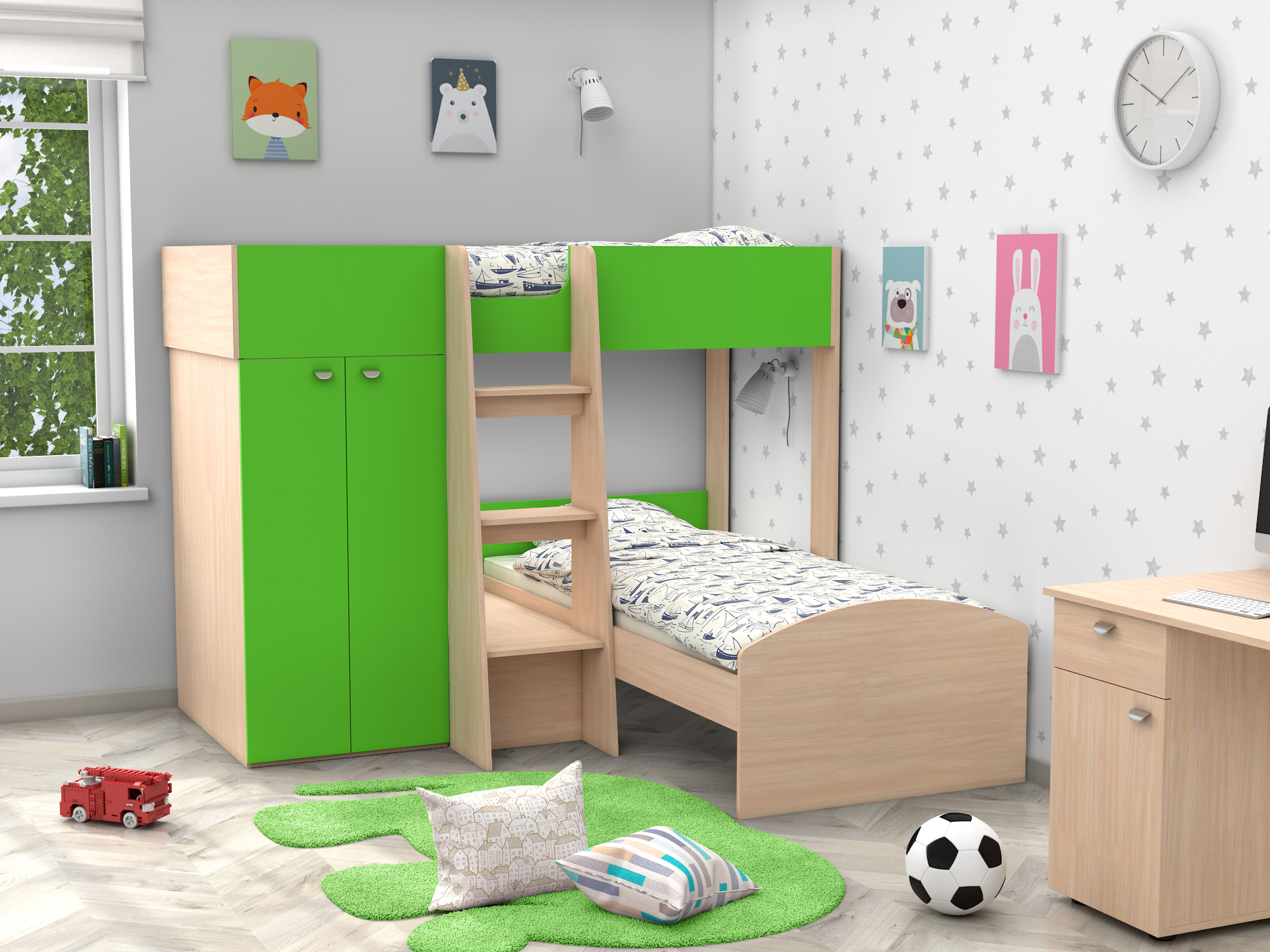 Двухъярусная кровать Golden Kids-4 (90х200) Зеленый, Белый, Бежевый, ЛДСП двухъярусная кровать golden kids 4 90х200 голубой бежевый лдсп