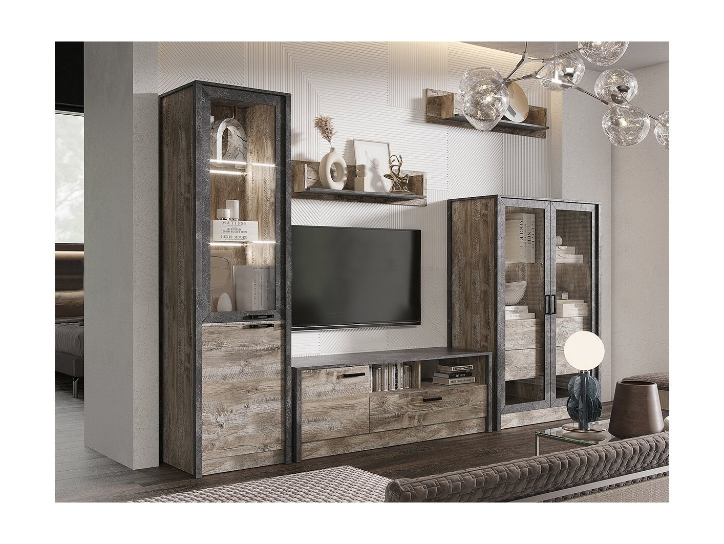 Модульная гостиная Амели (Дуб Юкон / Бетон темный) Бежевый, Серый, ЛДСП гостиная модульная флоренция комплект 3 коричневый темный стекло