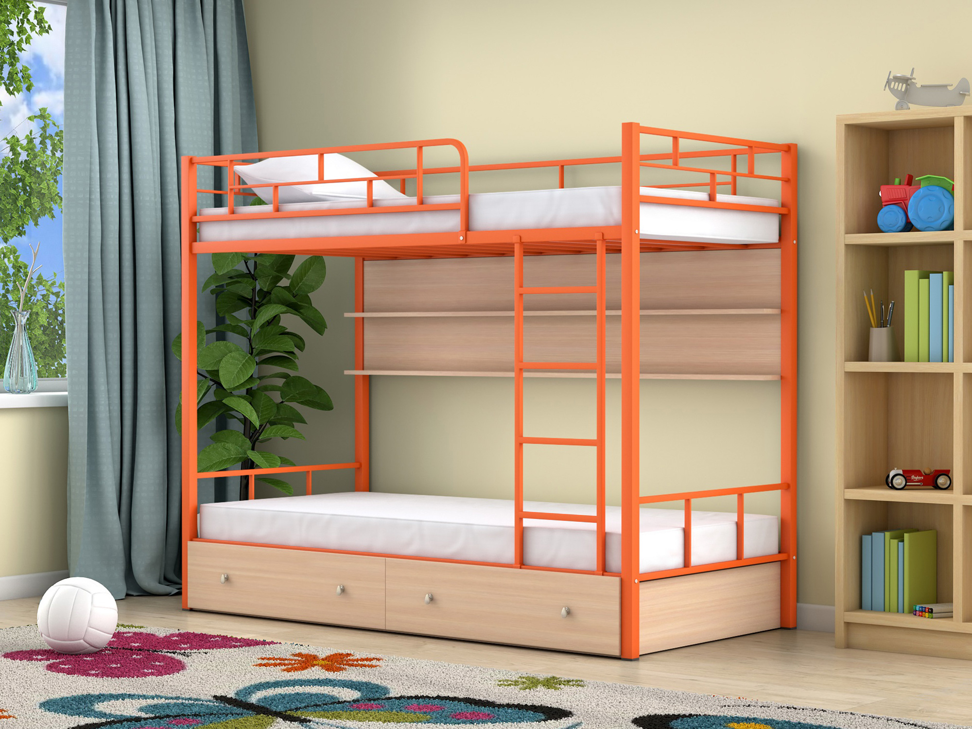 Двухъярусная кровать Ницца (90х190) Дуб молочный, , Бежевый, Оранжевый, ЛДСП, Металл двухъярусная кровать ницца 90х190 дуб молочный бежевый оранжевый лдсп металл
