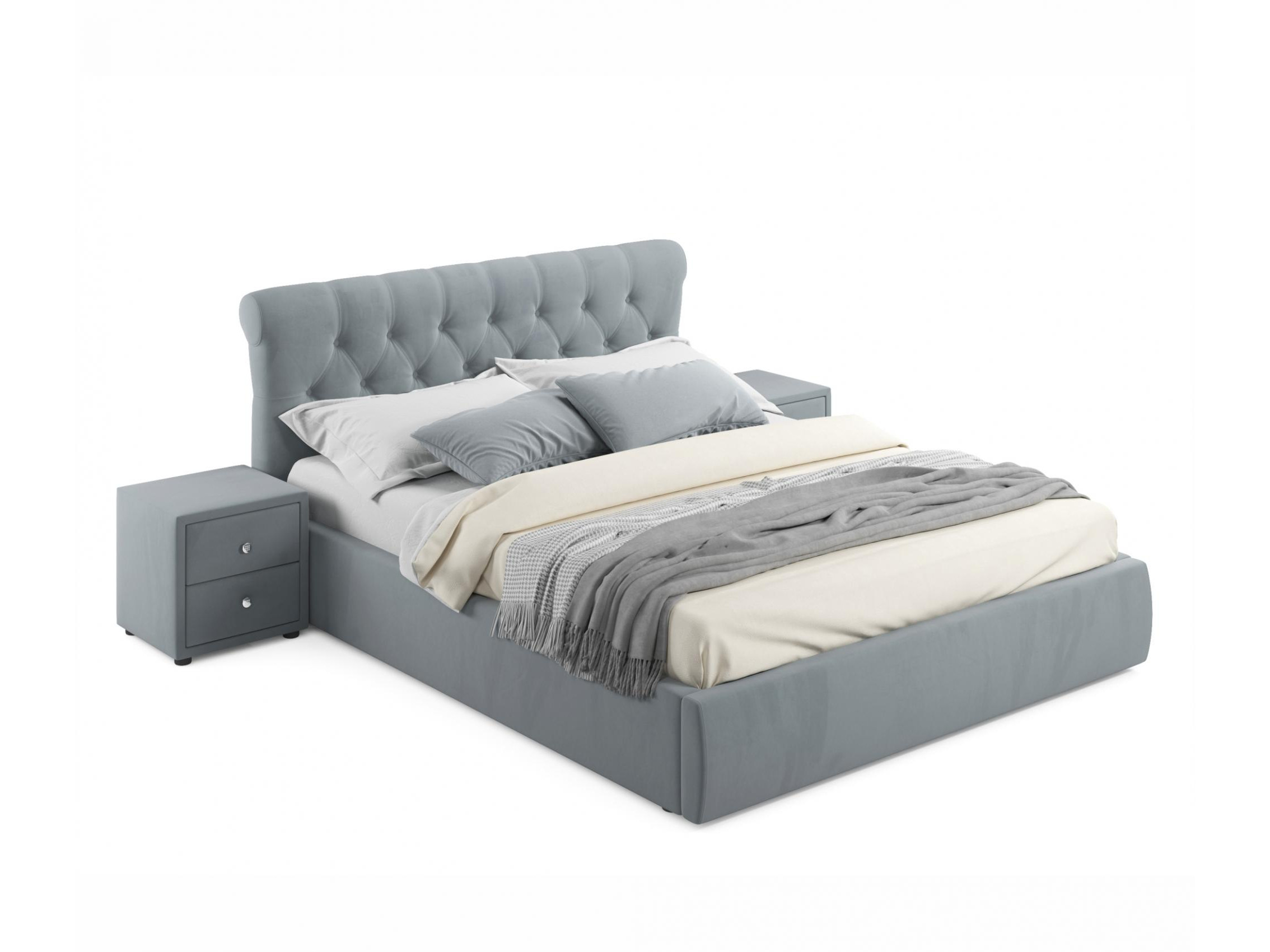 Мягкая кровать с тумбами Ameli 1600 серая с подъемным механизмом серый, Серый, Велюр, ДСП