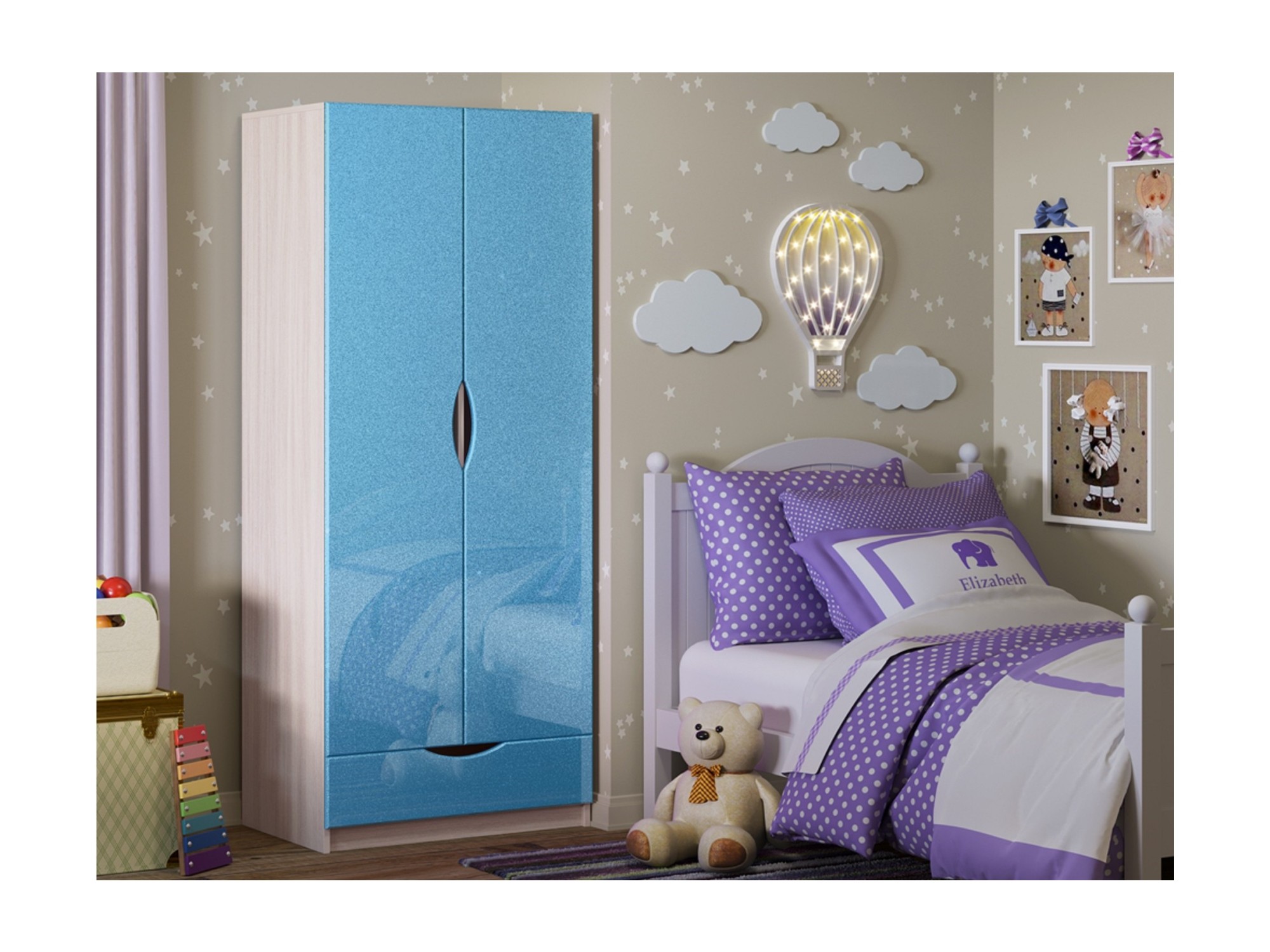 Детский шкаф Бемби-3 МДФ (Ясень шимо светлый, Голубой металлик) Голубой металлик, Бежевый, ЛДСП