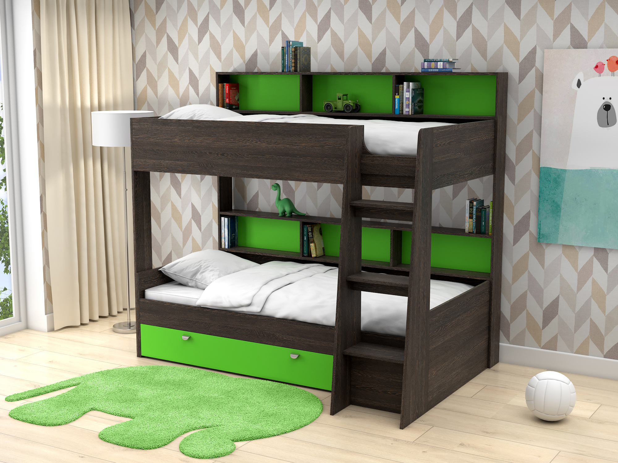 Двухъярусная кровать Golden Kids-1 (90х200) Зеленый, Коричневый темный, ЛДСП