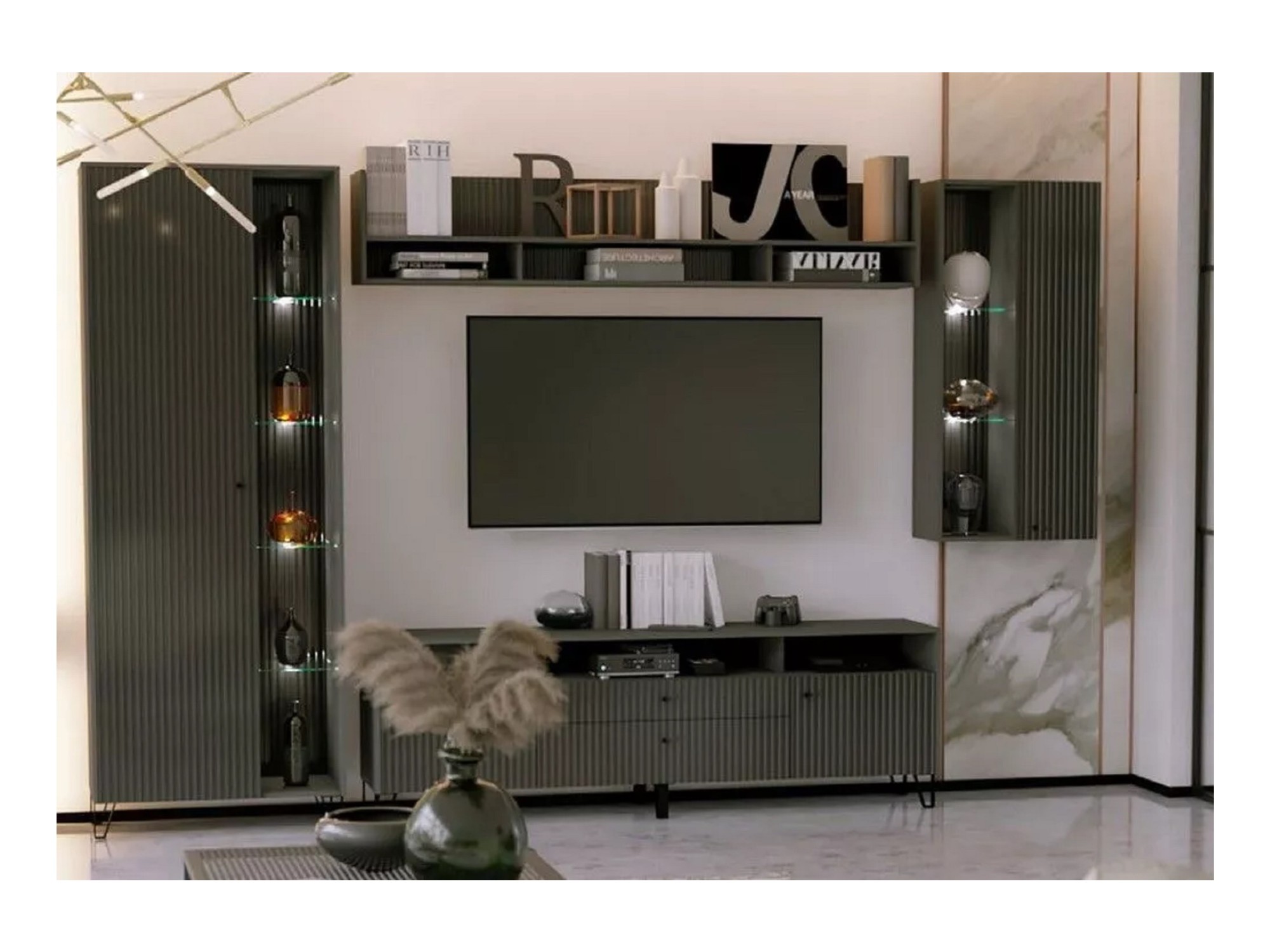 Модульная гостиная Оливия, композиция 1 (Графит, Графит Софт) Черный, МДФ, ЛДСП модульная гостиная ангара композиция 3 дуб юкон графит бежевый черный лдсп