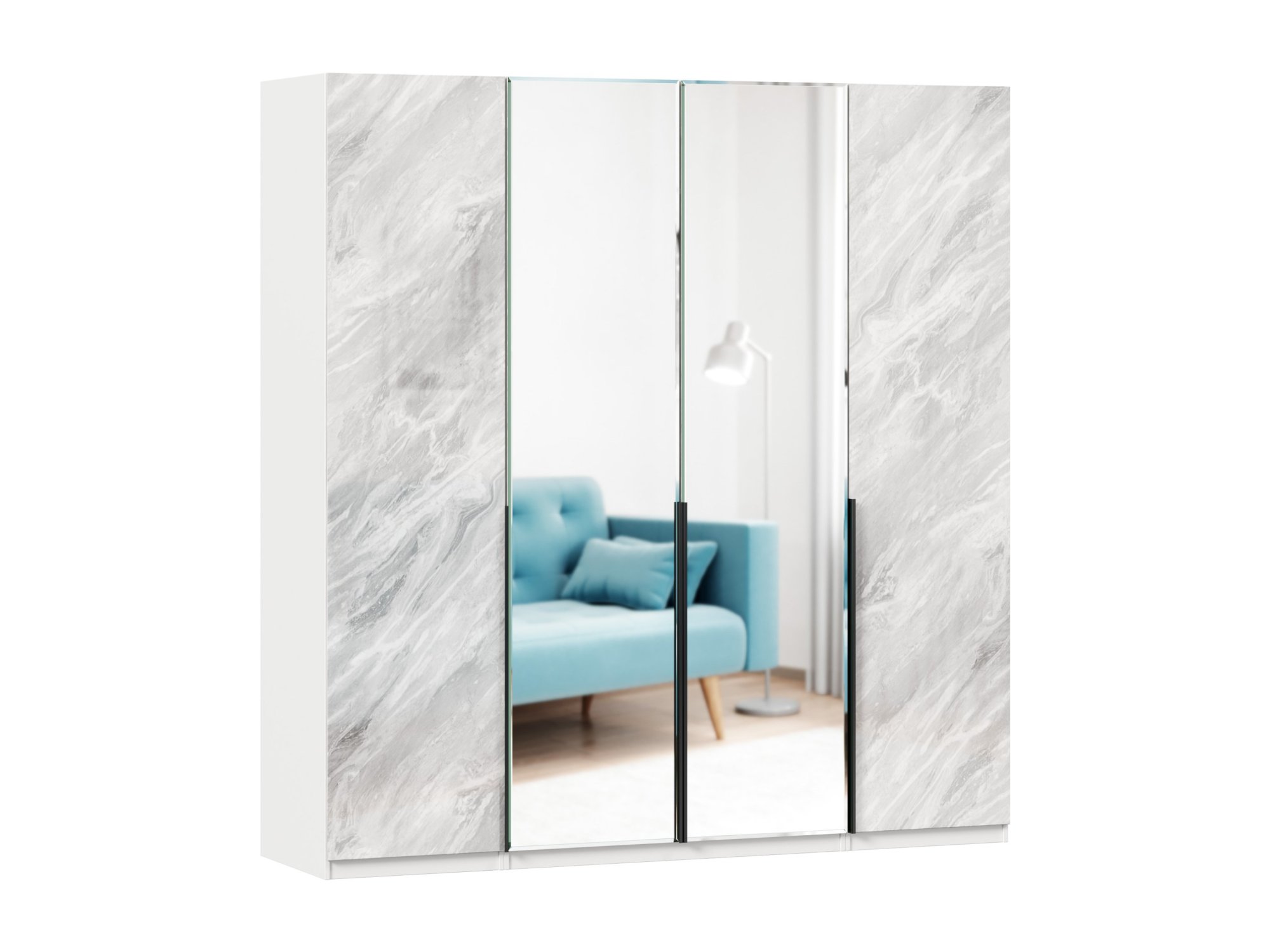 Норд Шкаф четырехстворчатый с зеркалами (Белый/Статуарио) Белый, ЛДСП норд стол туалетный с зеркалом белый статуарио белый